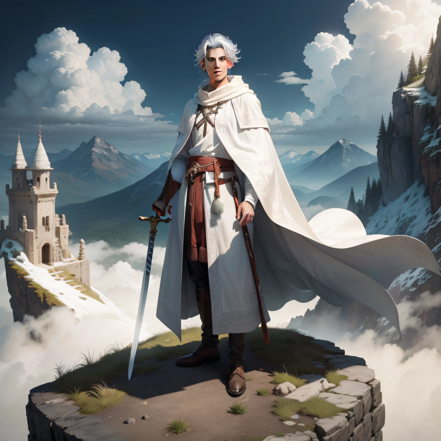 Handsome silver-haired youth, Antique white robe, sword on back, standing atop a mountain peak