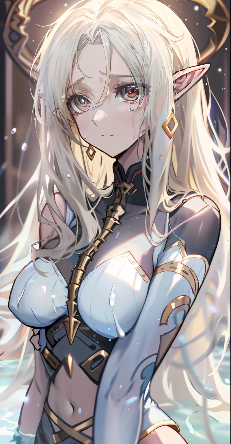 The white-haired wore a corset and white socks,Long flowing hair, Tights, Absolute realm, Sexy look, see - through, clear curvy details, Slender legs loom,White body,Hair is shiny,Delicate and shiny skin,Slender body,breast curtains,Naked chest,Upturned buttocks,Plump breasts,The body was soaked with sweat,Poor milk,Exposing the abdomen,The lower abdomen is firm,ears of elf,weeping,streaming tears,In the water,Holy Angel,Radiance is added