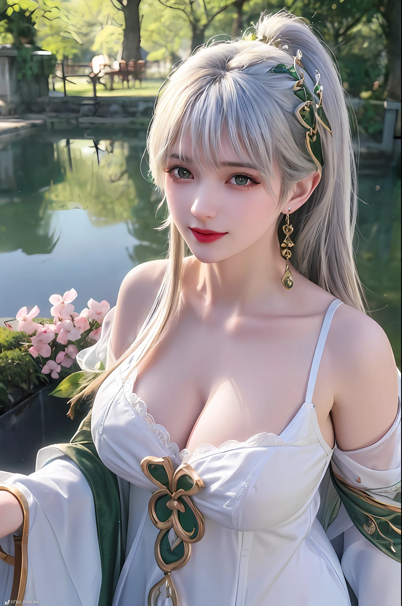 delicated best quality ,masterpiece, illustration, an extremely delicate and beautiful, extremely detailed ,CG ,unity ,8k wallpaper, Amazing, finely detail, masterpiece,best quality,official art,extremely detailed CG unity 8k wallpaper, absurdres, incredibly absurdres, huge filesize , ultra-detailed, highres, extremely detailed,beautiful detailed girl, extremely detailed eyes and face, beautiful detailed eyes,light on face,1girl, (Nahida/genshin impact), (Super realistic), (((white hair))), (ponytail tied high to one side), (green eyes), (Detailed description of the eye), ((hair jewelry)), (((describe the arm in detail))), ((charming lingerie)), (((Super boobs))), (saggy breasts), ((giant breasts)), ((milk cow's udder), ((Big ass)), ((thighs)), ((Plump body)), (Big breasts), ((Plump boobs)),, (detailed description of hair), jewelry, (gem earrings), ((upper body)), (Bare shoulder), ((collarbone)), ((off shoulder)), (Shiny skin), (Detailed description of eyes), (detailed description of face), (detailed description of body), (white and translucent skin), peerless beauty, (extreme beauty), (red lips), (shy ), ( smile), (facing the viewer), ((facing)), (((cherry blossom))), (falling petal), (lace nightgown), klace underwear), (sexy lingerie), ((long sleeves)), (revealing clothes), ((wide sleeves)), (thin silk), (penetration), (Lying on the shore of a lake full of cherry blossom), (She sits gracefully by the tranquil cherry blossom lake, her feet playing in the water, bathed in the soft glow of the moonlight), the water surface is reflective, (every pose), ((There is a lot of water on the body))