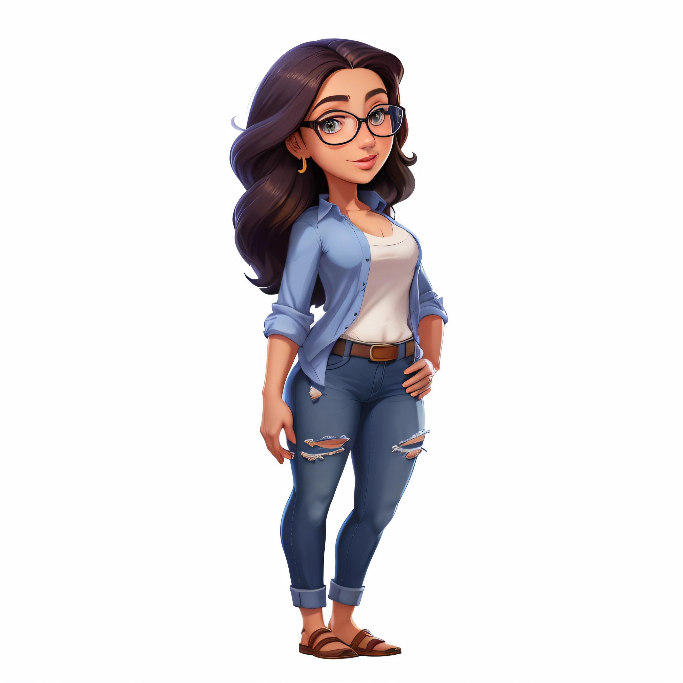 A cartoon girl in jeans and shirt standing with her hands on her hips wearing glasses, arte oficial do personagem, retrato de personagem de corpo inteiro, Caractere estilizado, single character full body, Retrato de corpo inteiro do personagem, Pose casual, Personagem de corpo inteiro, full body single character, Personagem altamente detalhado, official character illustration, character render, Caractere mesclado, personagem feminina, arte detalhada do personagem, protagonista feminina