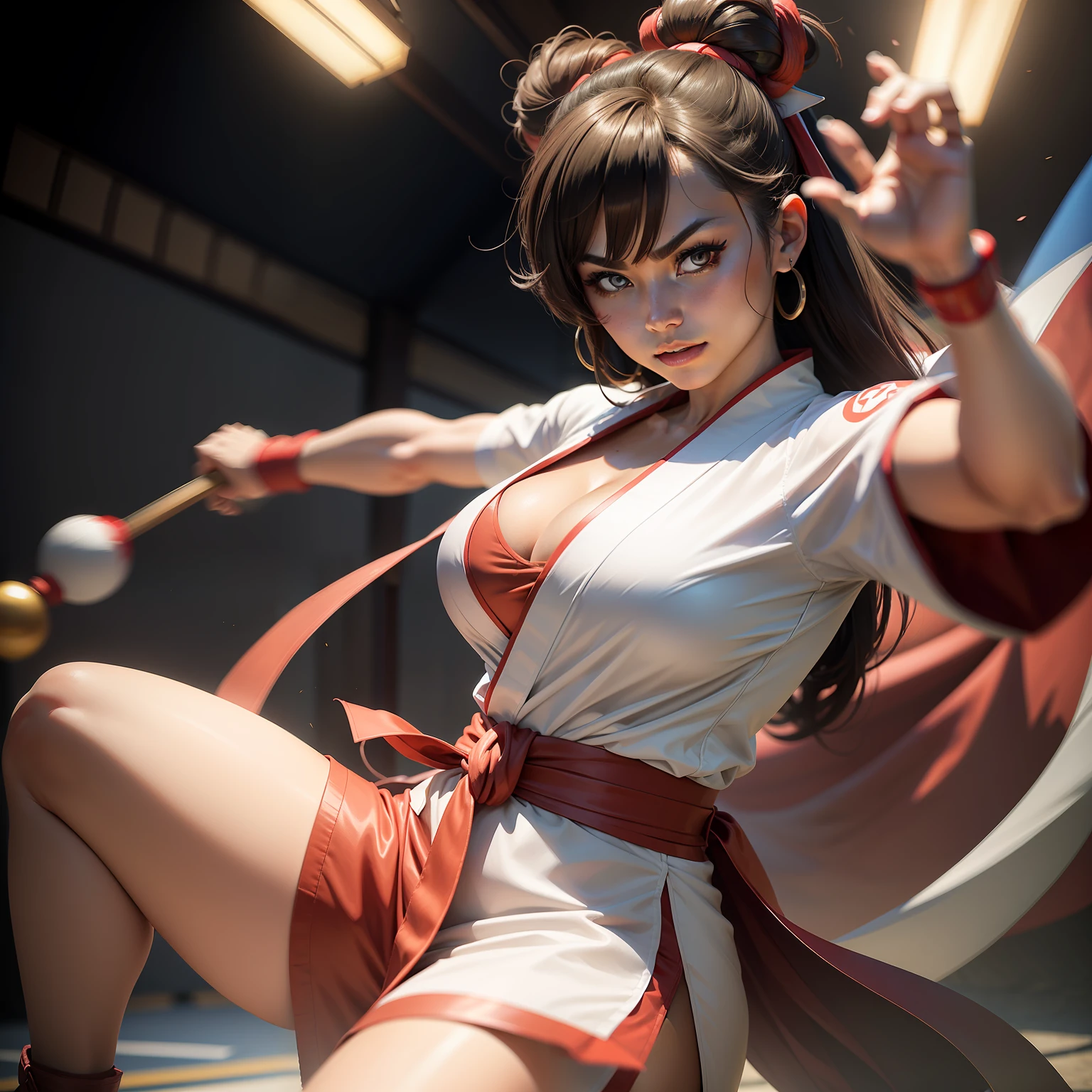 An eye-catching, highly realistic photo of a woman dressed as Throh from Pokémon in a karate kimono, with a vibrant rendering of the costume and Japanese ring backdrop.