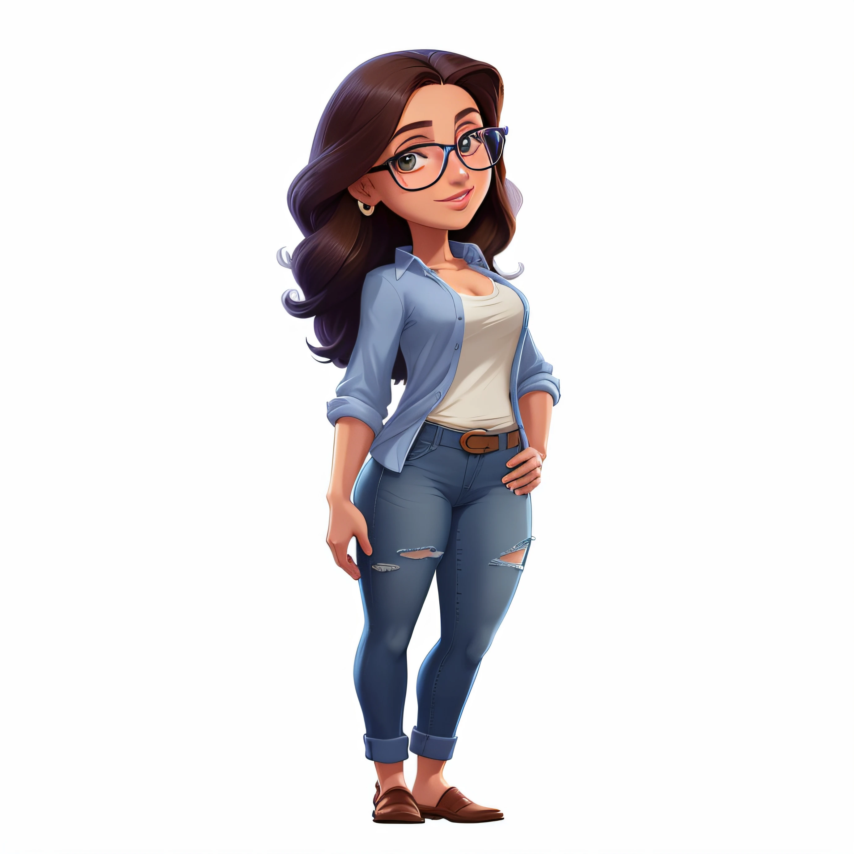 A cartoon girl in jeans and shirt standing with her hands on her hips wearing glasses, arte oficial do personagem, retrato de personagem de corpo inteiro, Caractere estilizado, single character full body, Retrato de corpo inteiro do personagem, Pose casual, Personagem de corpo inteiro, full body single character, Personagem altamente detalhado, official character illustration, character render, Caractere mesclado, personagem feminina, arte detalhada do personagem, protagonista feminina