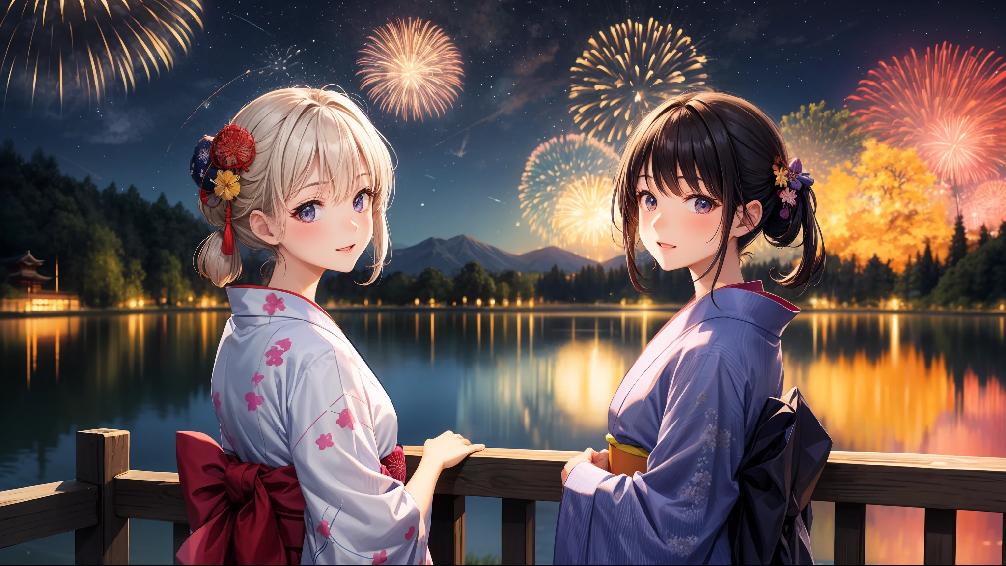 Beautie、25age、countryside、Japan Yukata、natta、starrysky、Fireworks Festival、lake、