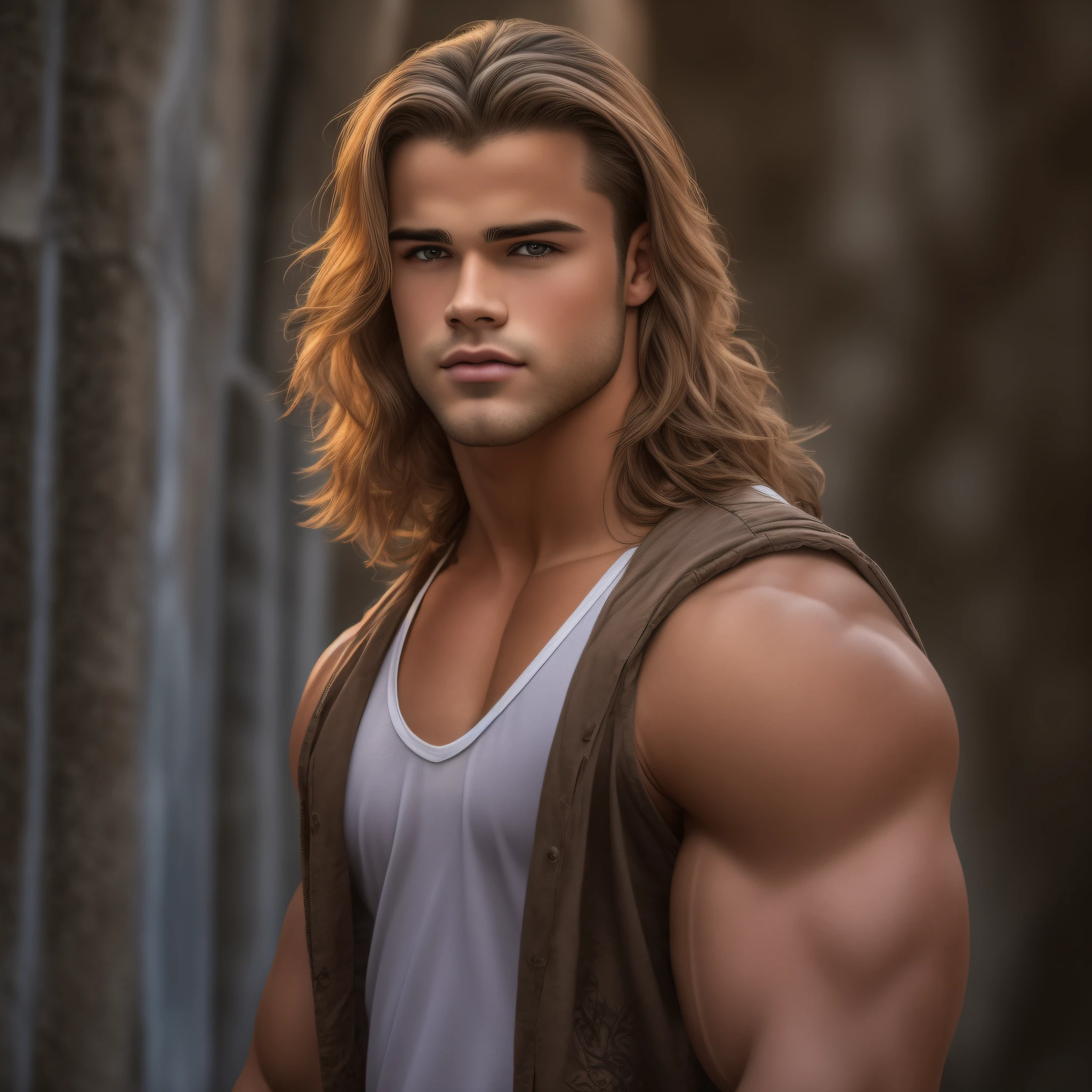 An 18-year-old boy musclegod, embodying the perfect fusion of Joey Lawrence and Spencer Boldman with long hair, exuding an aura of strength and confidence. Enhanced with HDR technology, this image depicts a true masterpiece, 4K resolution, outdoor lighting, majestic pose,  perfect muscle structure, in the style of Modern Bride Magazine, low-cut midriff, pec cleavage