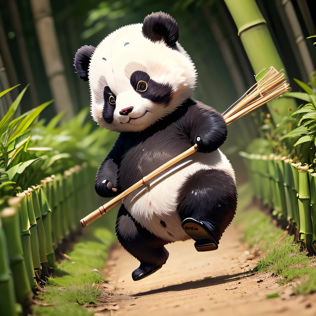 4K HD quality,Ridily scene details,Very cute panda in the bamboo forest,A cute chubby little girl,Double bun and bangs,Elaborate Eyes,Very happy,skating,