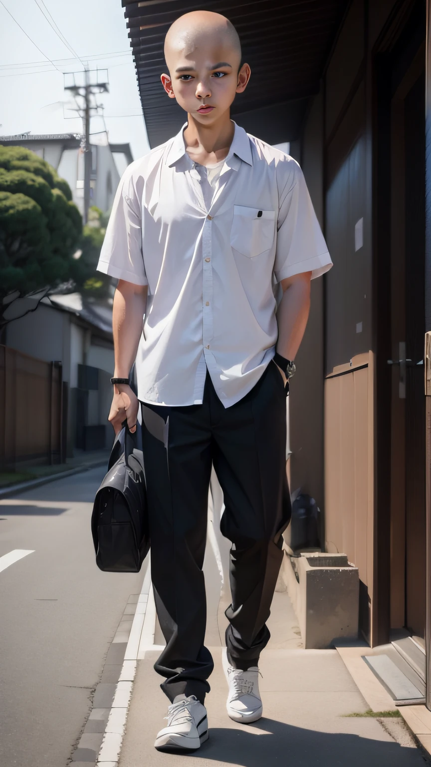 hephaestus (Japan schoolboy)、student clothes,Shaved head、Spectator、Wearing a shirt ,Full body,photographrealistic