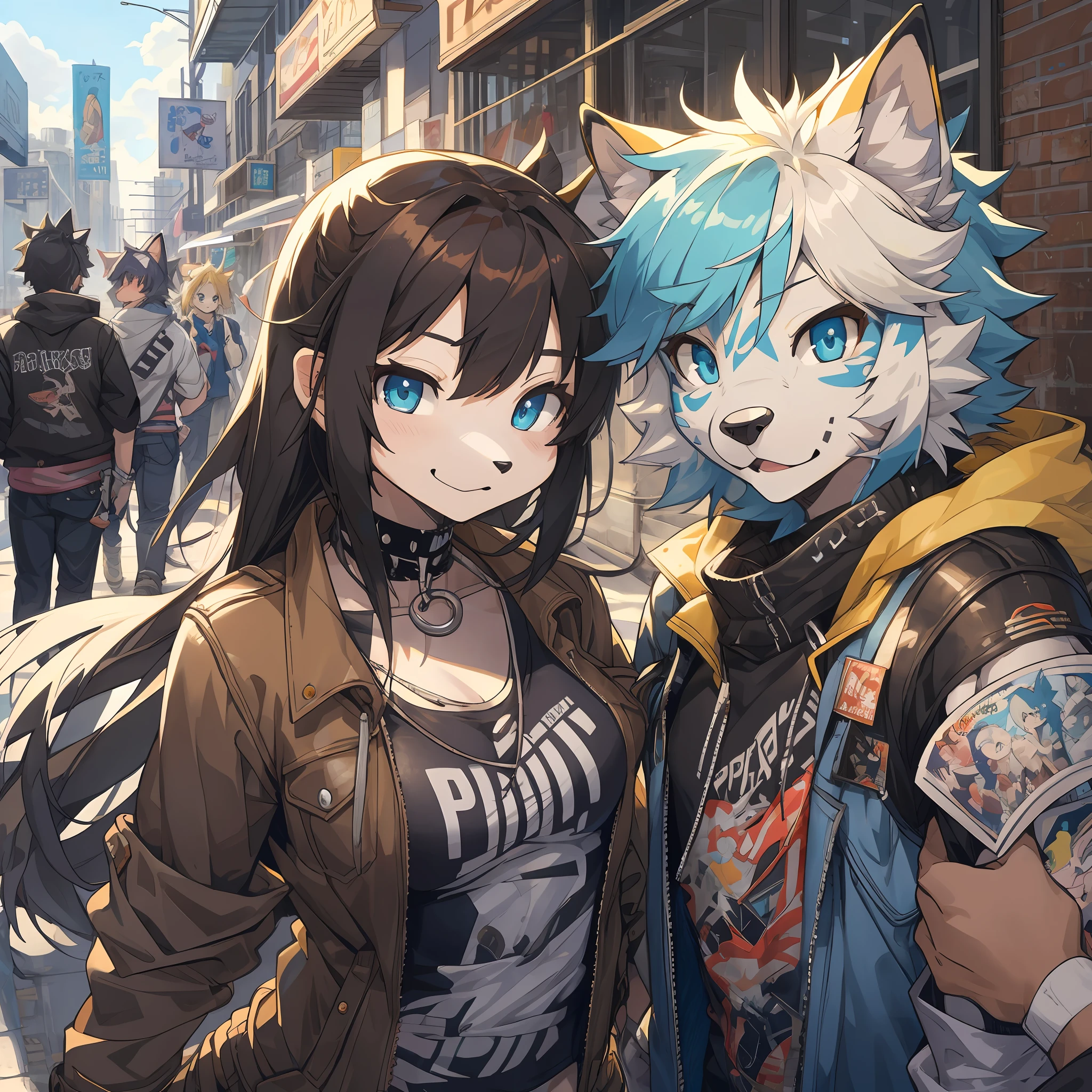 dynamic angle, top quality, best quality, High-quality illustrations, masterpiece, super high resolution, detailed background, detailed background, Stylish CD jacket, punk rock, torn Clothes, street, Concrete wall, group shot:0.1, 6+boys, 6+girls, Happy, joyful, absurdres(highly detailed beautiful face and eyes)perfect anatomy(kemono, furry anthro),