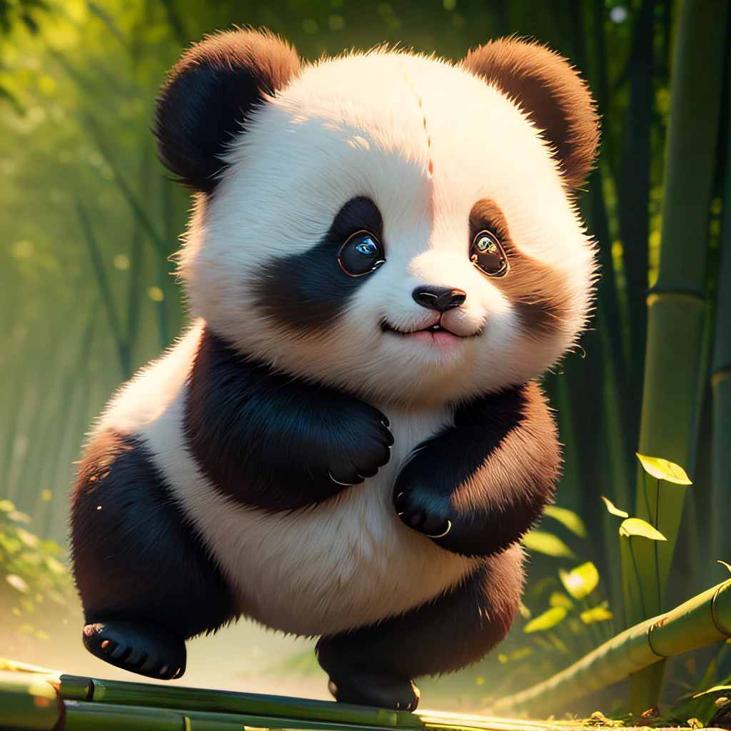 4K HD quality,Ridily scene details,Very cute panda in the bamboo forest,A cute chubby little girl,Double bun and bangs,Elaborate Eyes,Very happy,skating,