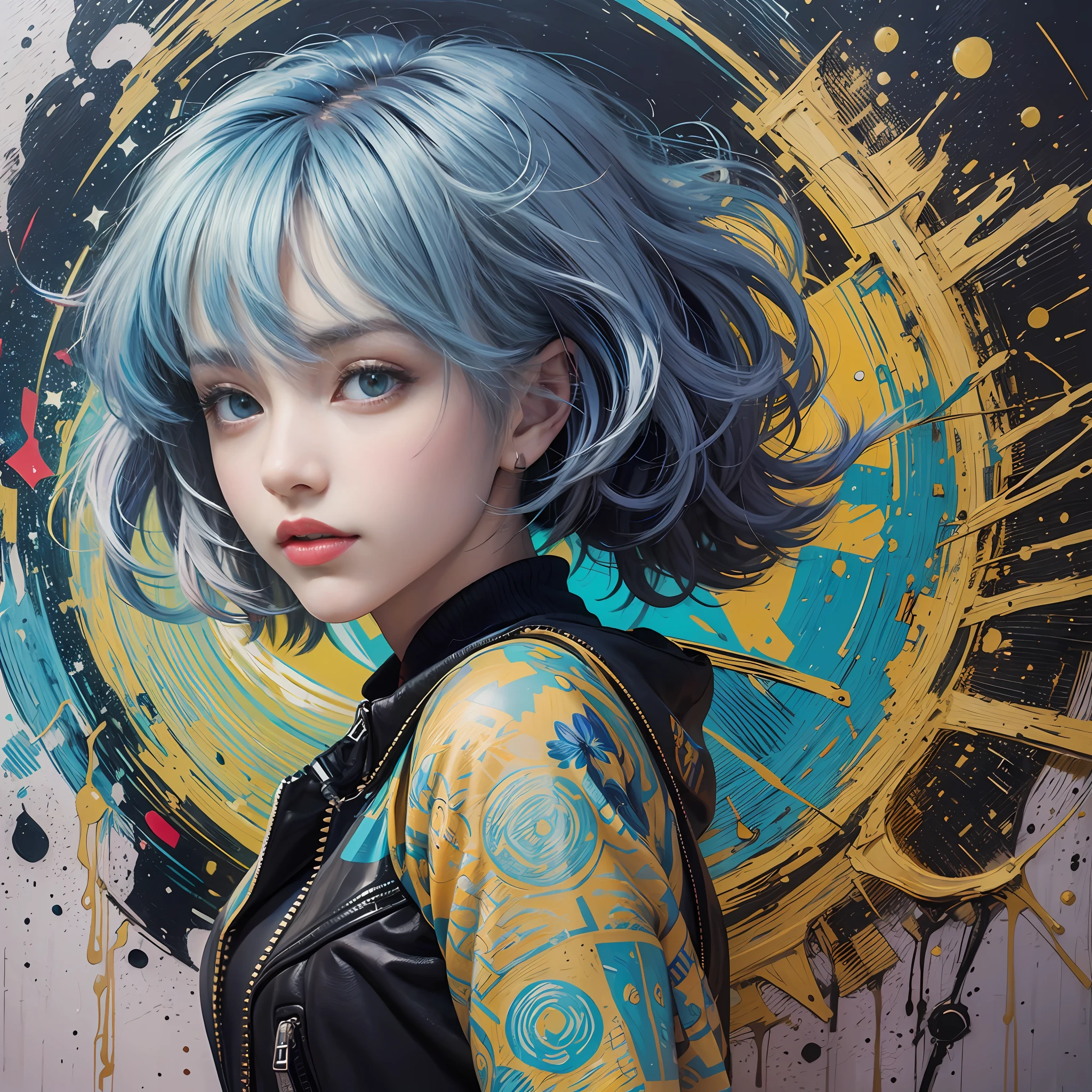 The iconic rei ayanami (Evangelion) El estilo de Leonardo da Vinci. Alta calidad, detailed graffiti-style interpretation of Vincent van Gogh's masterpiece "La noche estrellada." The work combines the expressive and vibrant brushstrokes of Van Gogh's original with the urban energy and nervousness of graffiti art..... The composition captures the swirling night sky and iconic cypress, Reimaginado con audaces elementos de pintura en aerosol e intrincados detalles inspirados en el graffiti. Los colores resaltan con intensidad, creating a visually captivating piece that pays homage to Van Gogh's artistic vision while infusing it with a contemporary street art aesthetic. It is a unique fusion of classical art and urban expression.., mostrando la belleza atemporal de "La noche estrellada" in a fresh and dynamic way. rei ayanami usa una chaqueta negra de cuero, un polo de color blanco, manos detalladas, manos ultra-detalle,