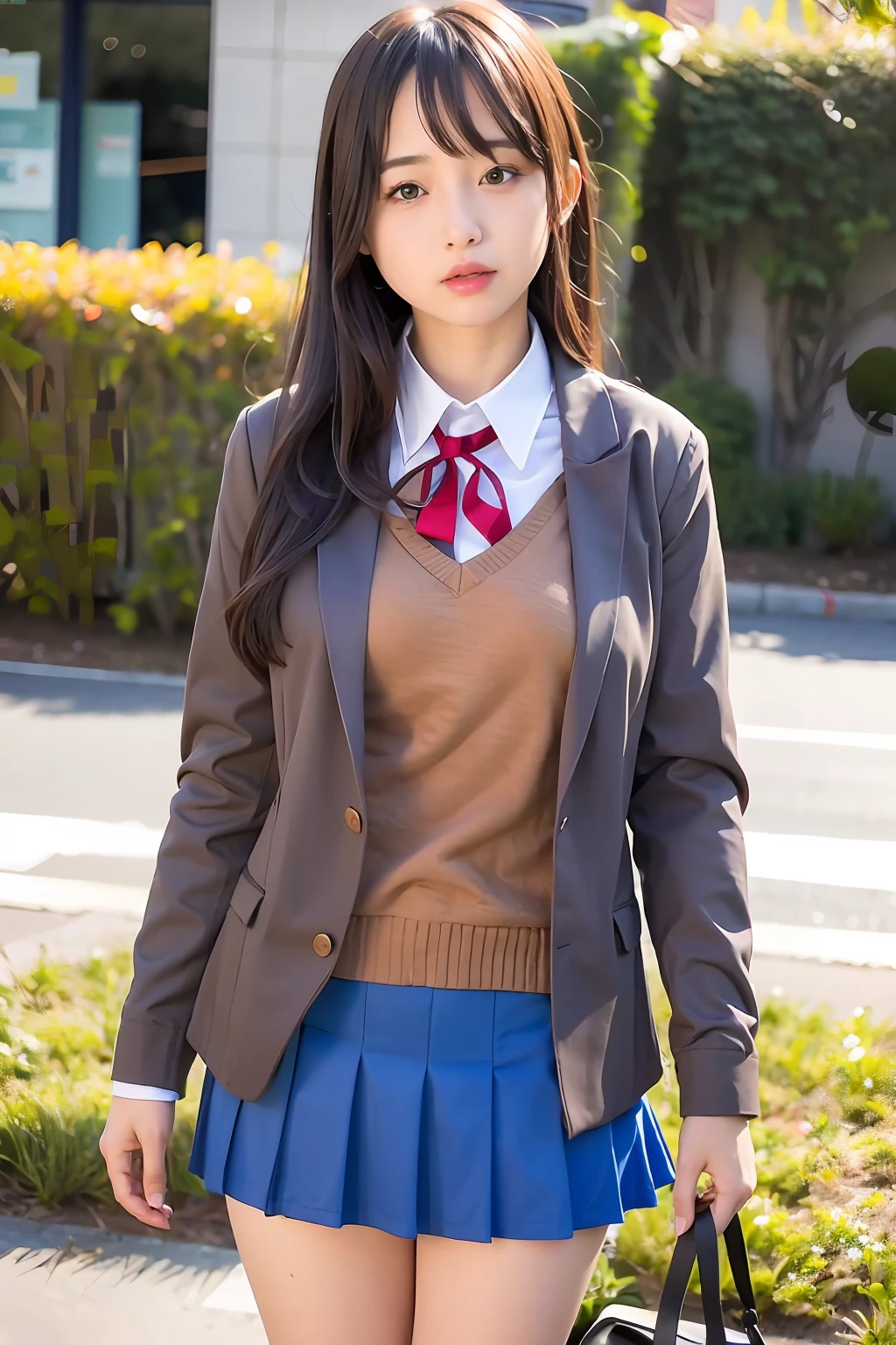 mix4,(8k, RAW photo, best quality, masterpiece:1.2), (realistic, photo-realistic:1.37),cute, highschool, school uniform, blazer, brown sweater, collared shirt, neck ribbon, blue skirt, standing, fullbody