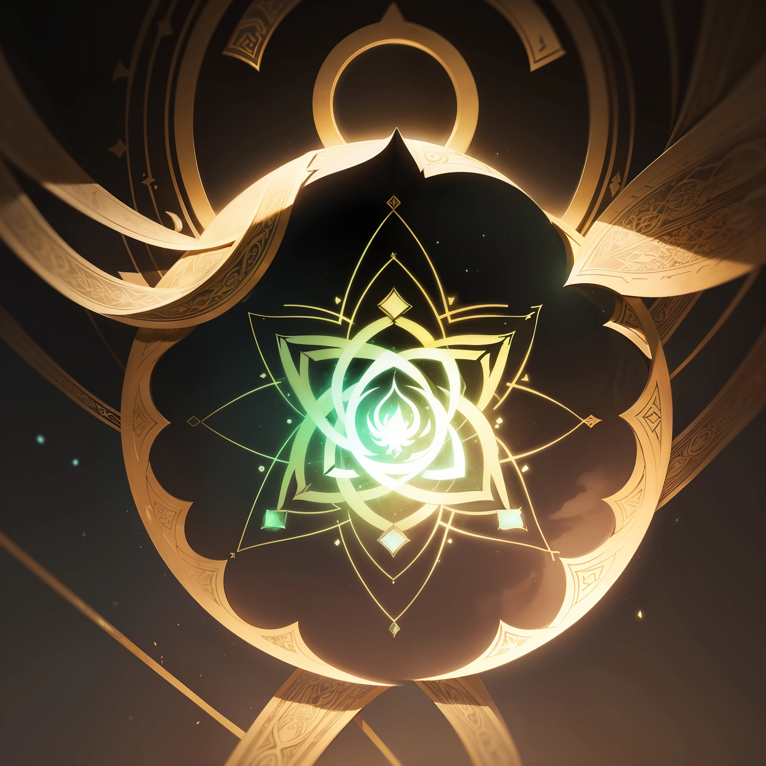 The symbol of Lord Aetherion is an intricate emblem, assustadoramente belo e intimidador. Carrega um certo peso de poder antigo, an indelible mark that evokes an almost instinctive respect and dread.

At the center of the symbol is a representation of the Verdant Nexus – a trio of spinning, intertwined circles that evoke the image of a seed, or maybe a view of the Nexus from above. The circles are uniformly thick, Its lines flow elegantly and are rendered in a vibrant green that seems to glow with an inner light, mimicking the bioluminescence of Verdant Nexus itself.

Radiating out from the representation of the Nexus are stylized waves that can be interpreted as rays of light or scattered tendrils, perhaps symbolizing the spread of the power of the Nexus or the influence of Aetherion. The waves have an organic vine-like appearance, flowing gracefully from the core, sugerindo crescimento, Expansion and domination.

Surrounding the entire emblem is a pair of rings. The inner ring is thinner, liso e ininterrupto, presenting a contrast with the more elaborate central symbol. O anel externo, mais grosso e ornamentado, it is punctuated by ancient Luminar glyphs. Os glifos, for those who could decipher them, formed a phrase in the ancient language of Lumina: "Through the Nexus, Ascendancy".

The symbol of Aetherion is a masterpiece of symbolism and complexity, An embodiment of power, ambition and deep connection of the ancient being with the Verdant Nexus. Seja visto como um sinete em documentos, uma marca brilhante deixada em uma cena de crime ou um emblema nas vestes de seus seguidores, the sight of Aetherion's symbol is an absolute reminder of the ancient adversary the group faces.