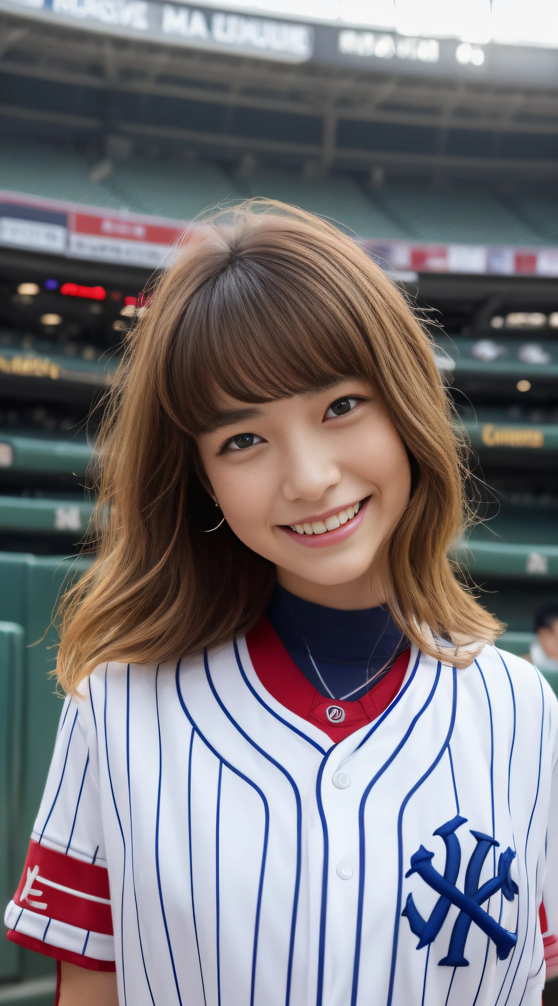 ((top-quality、8K、masterpiece:1.3))、sharp:1.2、Perfect Body Beauty:1.4、Slim abs:1.2、Big、((Baseball Uniforms:1.3))、(Baseball Stadium:1.2)、Beautiful face、Wavy Hair、Highly detailed facial and skin texture、A detailed eye、二重まぶた、Aspect of looking at the camera、A smile