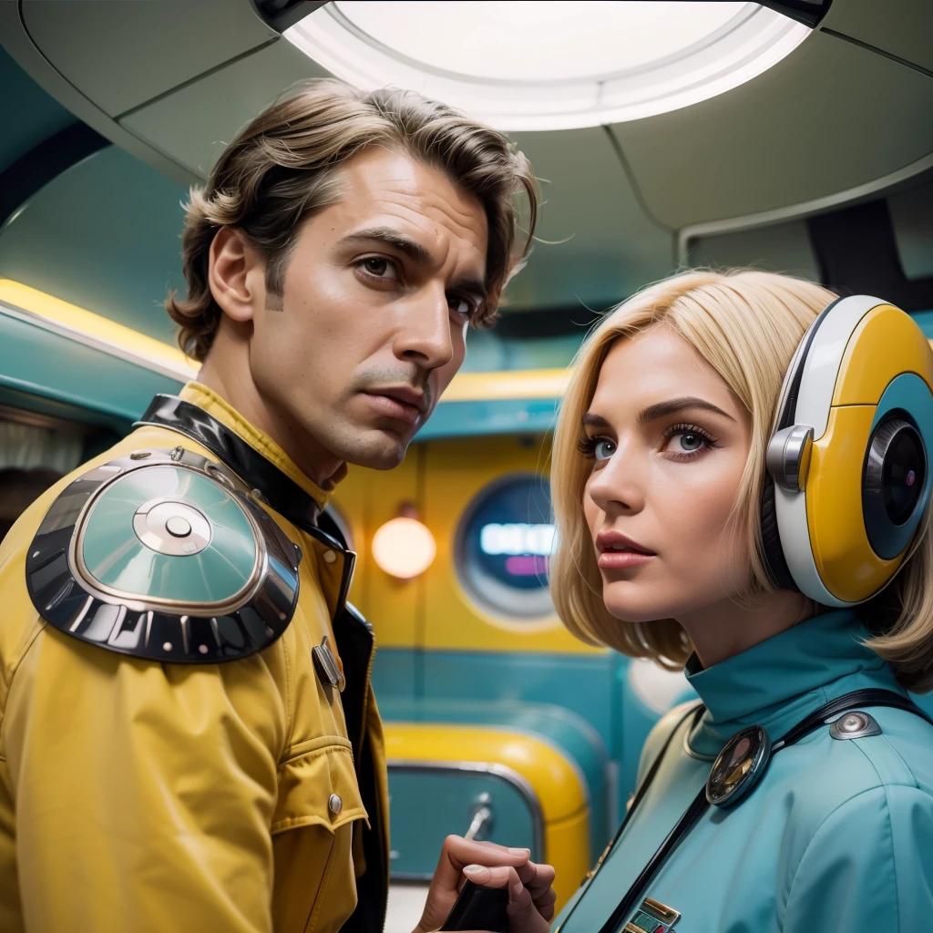 4k image from a 1960s science fiction film by Wes Anderson, Filme O Grande Hotel Budapeste, pastels colors, A man and a woman wearing retrofuturistic alien masks and holding colorful suitcases and chests on the bus, Retro-futuristic fashion clothes from the 60s with old robots, Luz Natural, Psicodelia, futurista estranho, retro-futurista, photo-realistic, Sharp background details.