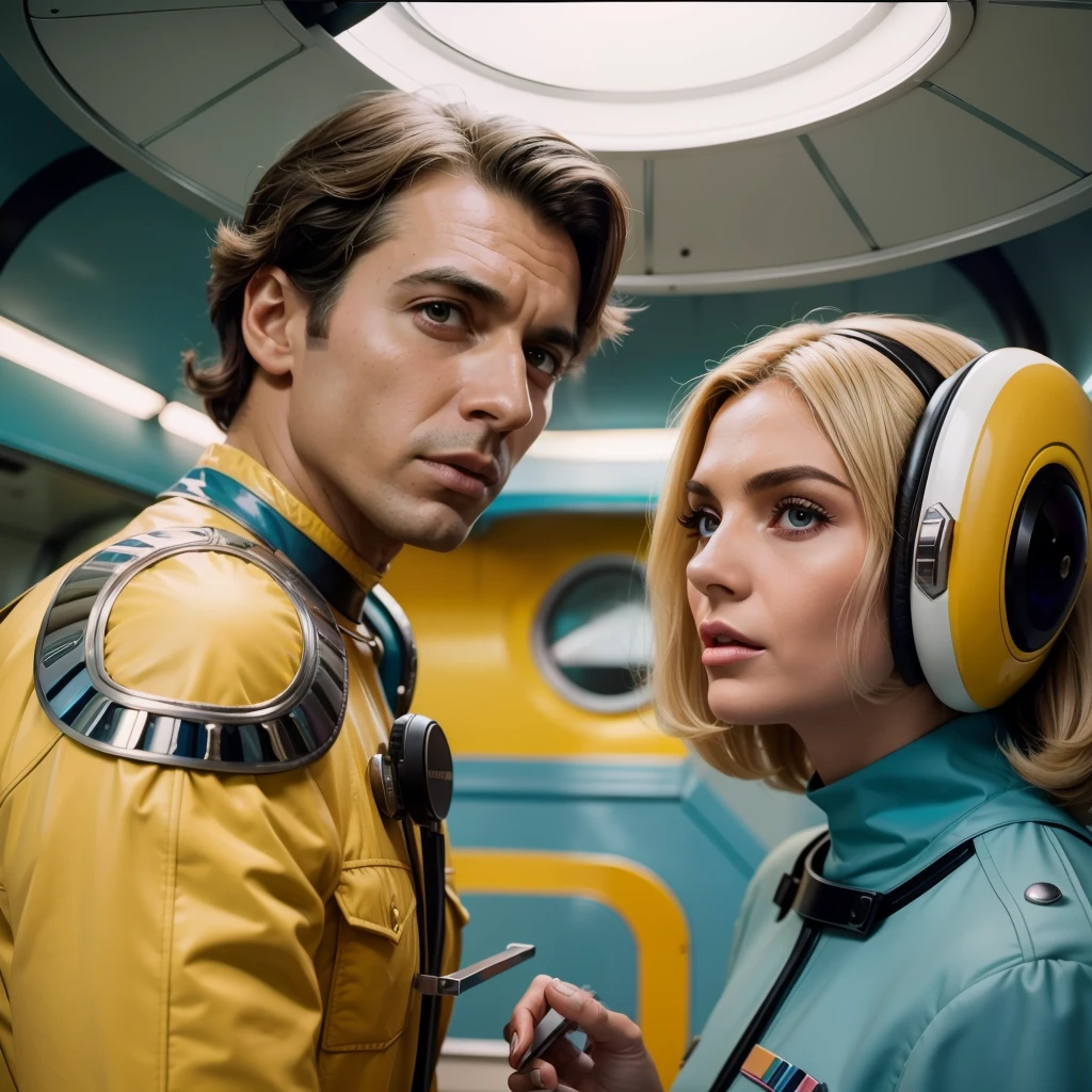 4k image from a 1960s science fiction film by Wes Anderson, Filme O Grande Hotel Budapeste, pastels colors, A man and a woman wearing retrofuturistic alien masks and holding colorful suitcases and chests on the bus, Retro-futuristic fashion clothes from the 60s with old robots, Luz Natural, Psicodelia, futurista estranho, retro-futurista, photo-realistic, Sharp background details.