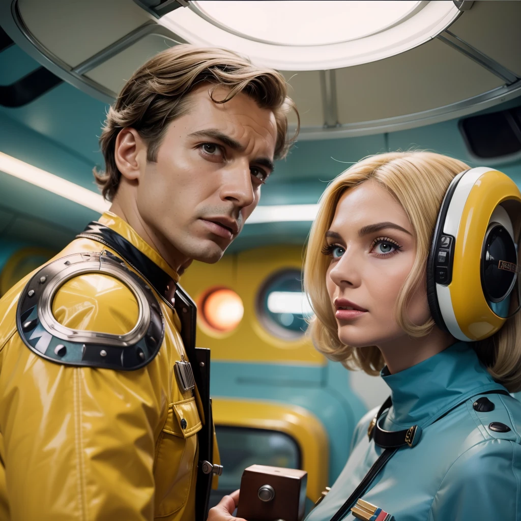 4k image from a 1960s science fiction film by Wes Anderson, Filme O Grande Hotel Budapeste, pastels colors, A man and a woman wearing retrofuturistic alien masks and holding colorful suitcases and chests on the bus, Retro-futuristic fashion clothes from the 60s with old robots, Luz Natural, Psicodelia, futurista estranho, retro-futurista, photo-realistic, Sharp background details.
