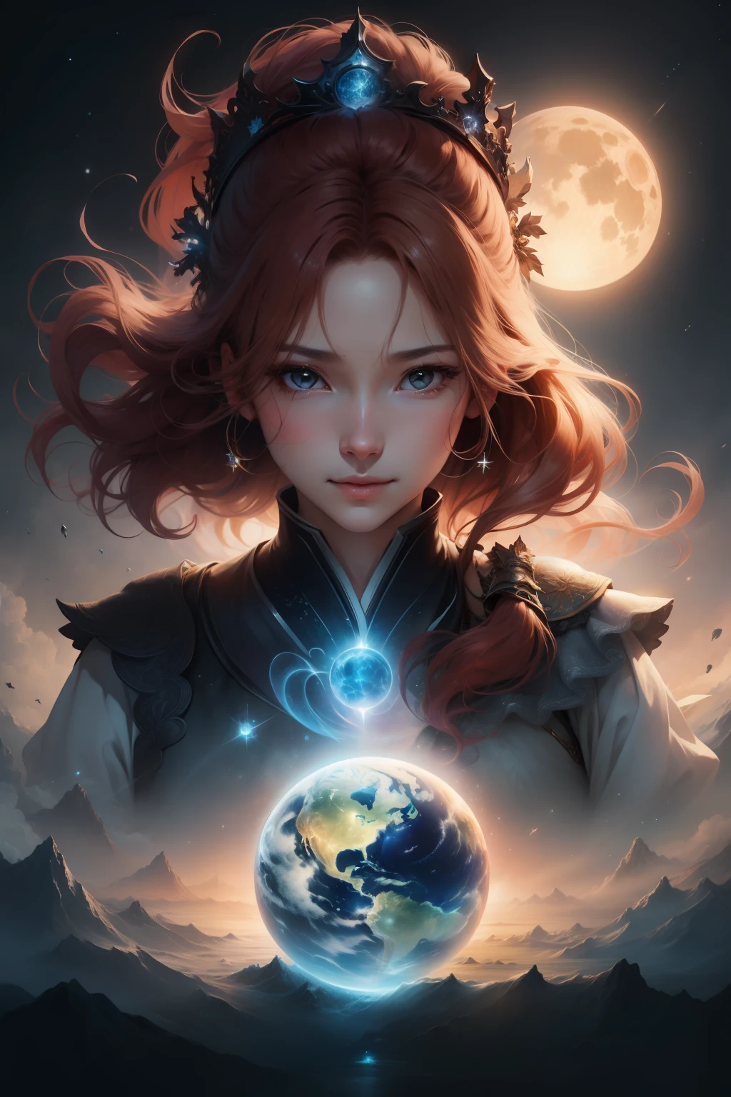 （tmasterpiece、Need、ultra-delicate、A high resolution），1goddess，（Loving gaze、ssmile），background starry sky，planet earth，suns，themoon，Divine light，The characters radiate holy light，offcial art，Extremely detailed，（The upper part of the body、Front lens）