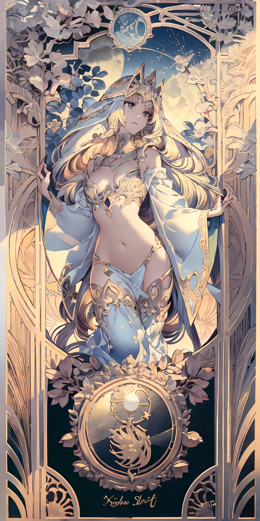 Slim card border，venus goddess， full bodyesbian， Flower frame， Decorative panels， abstract artistic， Alphonse Mucha （tmasterpiece， best qualtiy， A high resolution： 1.4）， A detailed， Complicated details， 4K， Color splattering， Line art， Fibonacci， starrysky， natta， exteriors， Clouds， Reflectors， Eau， magick， （tarot cards），Cards， （（beautiful golden crystal star）） buliding， palaces， Patterned， Sumeru， Clouds， themoon