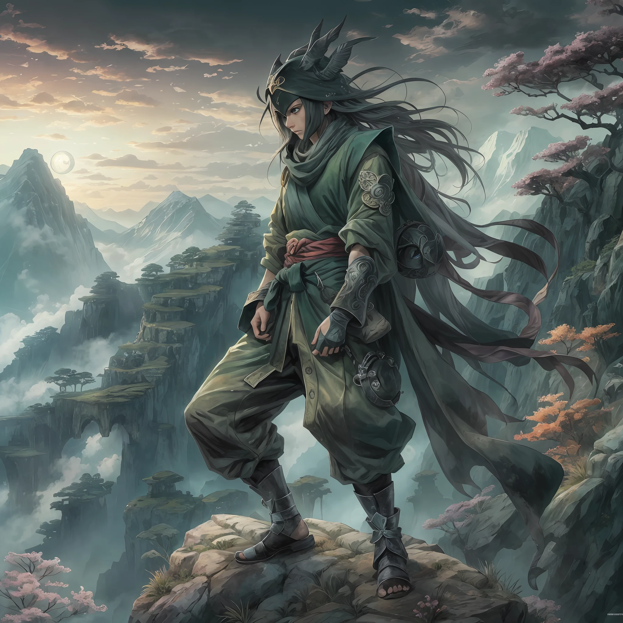 mystic ninja，Detailed face，Detailed eyes，Clear eyes，Gui Zen，Exotic beasts of mountains and seas，Dark green and black details, Loose and thick clothing covers the body，standing on cliff，Bask in the luxury of Yoshitaka Amano in the moonlight，fanciful，sci-fy，the complex background（full bodyesbian），((dynamicposes))，Colorful wallpapers，Highly detailed，Masterpiece，best qualtiy，art  stations