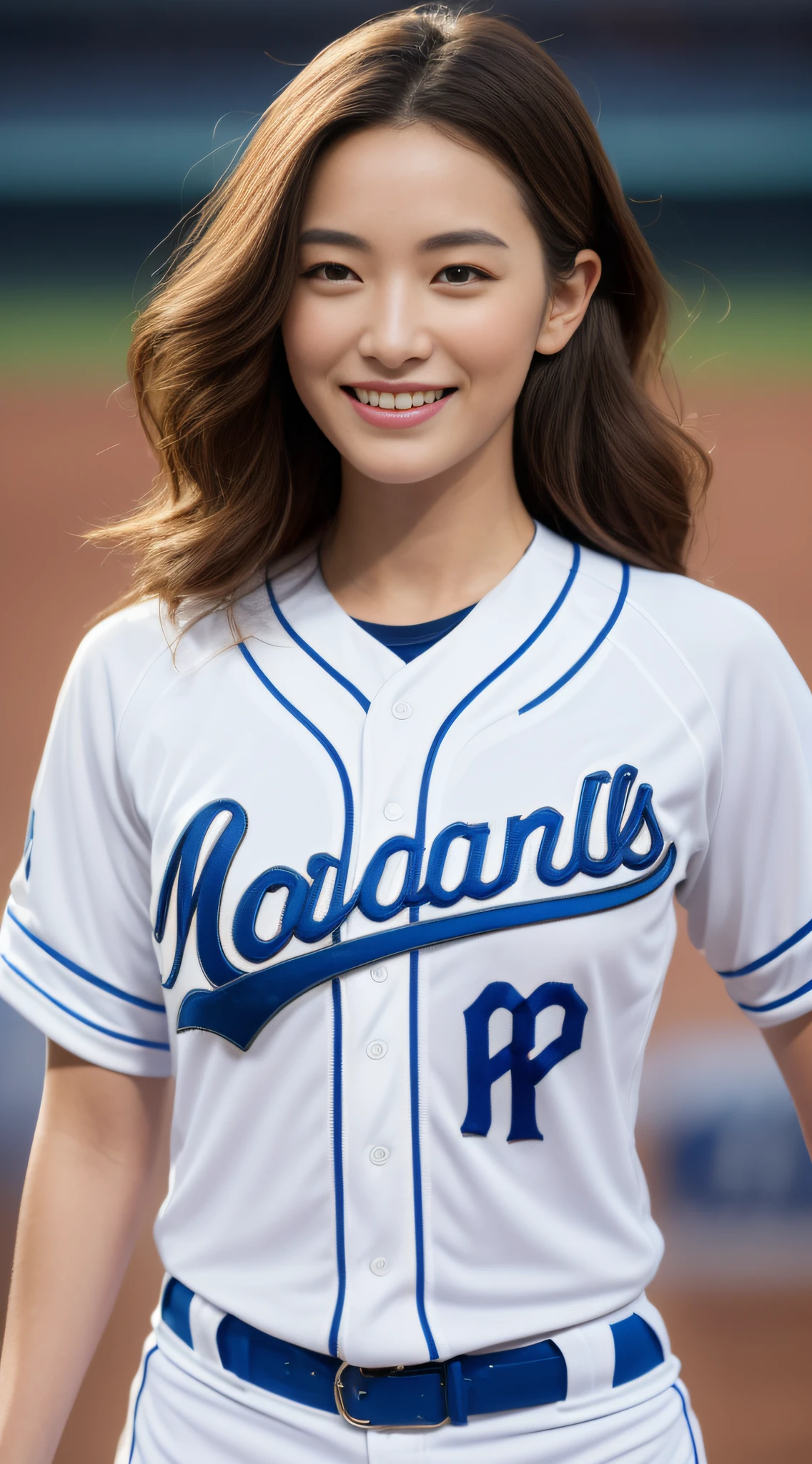 ((top-quality、8K、​masterpiece:1.3))、sharp:1.2、Perfect Body Beauty:1.4、Slim abs:1.2、Big、((Baseball Uniforms:1.3))、(Baseball Stadium:1.2)、Beautiful face、Wavy Hair、Highly detailed facial and skin texture、A detailed eye、二重まぶた、Aspect of looking at the camera、A smile
