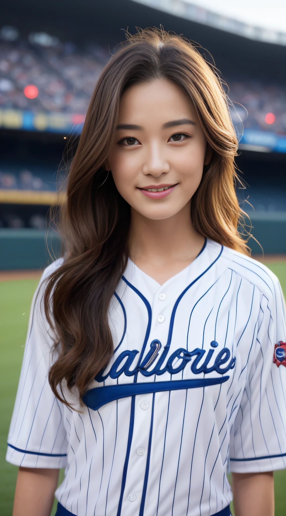 ((top-quality、8K、masterpiece:1.3))、sharp:1.2、Perfect Body Beauty:1.4、Slim abs:1.2、Big、((Baseball Uniforms:1.3))、(Baseball Stadium:1.2)、Beautiful face、Wavy Hair、Highly detailed facial and skin texture、A detailed eye、二重まぶた、Aspect of looking at the camera、A smile