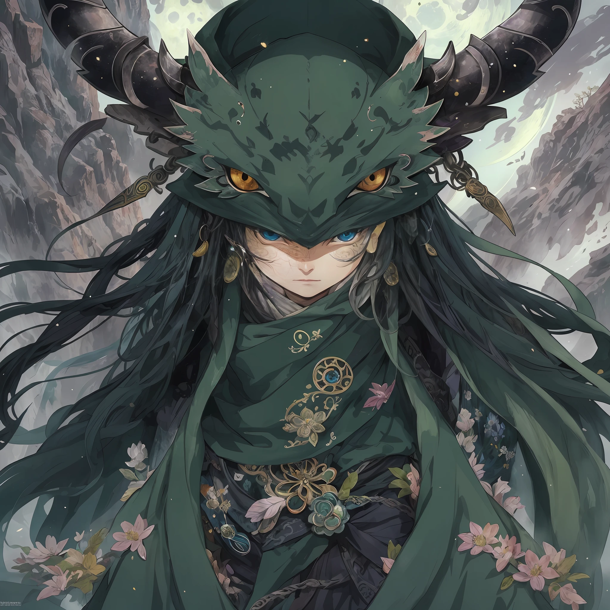 mystic ninja，Detailed face，Detailed eyes，Clear eyes，Gui Zen，Exotic beasts of mountains and seas，Dark green and black details, Loose and thick clothing covers the body，standing on cliff，Bask in the luxury of Yoshitaka Amano in the moonlight，fanciful，sci-fy，the complex background（full bodyesbian），((dynamicposes))，Colorful wallpapers，Highly detailed，Masterpiece，best qualtiy，art  stations