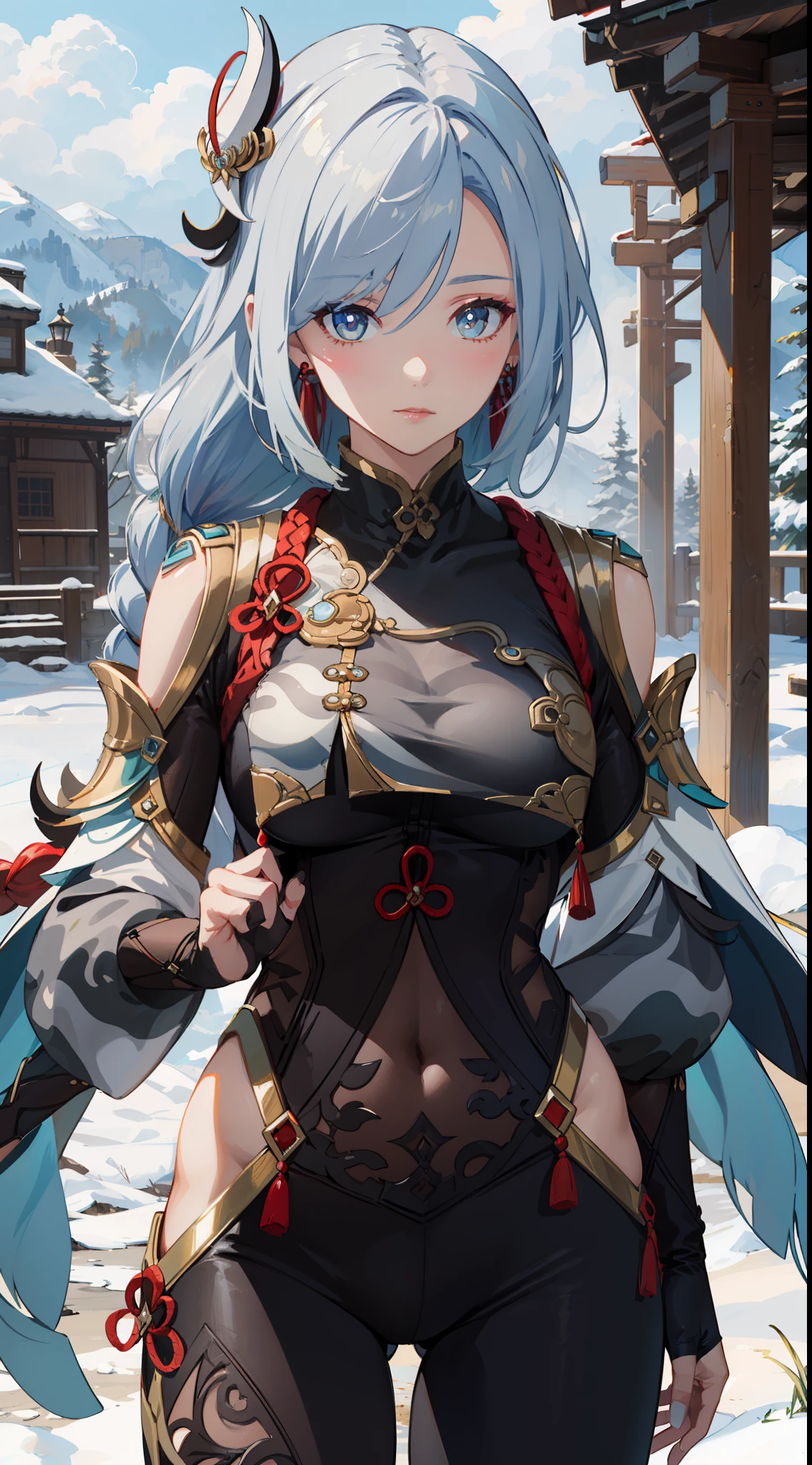 shenhedef, upper body, seductive look, blush, outdoors, snowflake scenery, looking at viewer, cloudy, moody lighting, (perfect detail eyes:1.2), glowing eyes, (long hair one braid:1.2), elemental skill effect, (Masterpiece, Best Quality, High Quality:1.4), professional artwork, Intricate Details, field of view, sharp focus, detailed painting, photorealistic lighting, trending on pixiv, (vivid lighting, vibrant colors:1.05), realistic shadows, ambient occlusion, (athletic body:1.3), mature woman, 30yo,