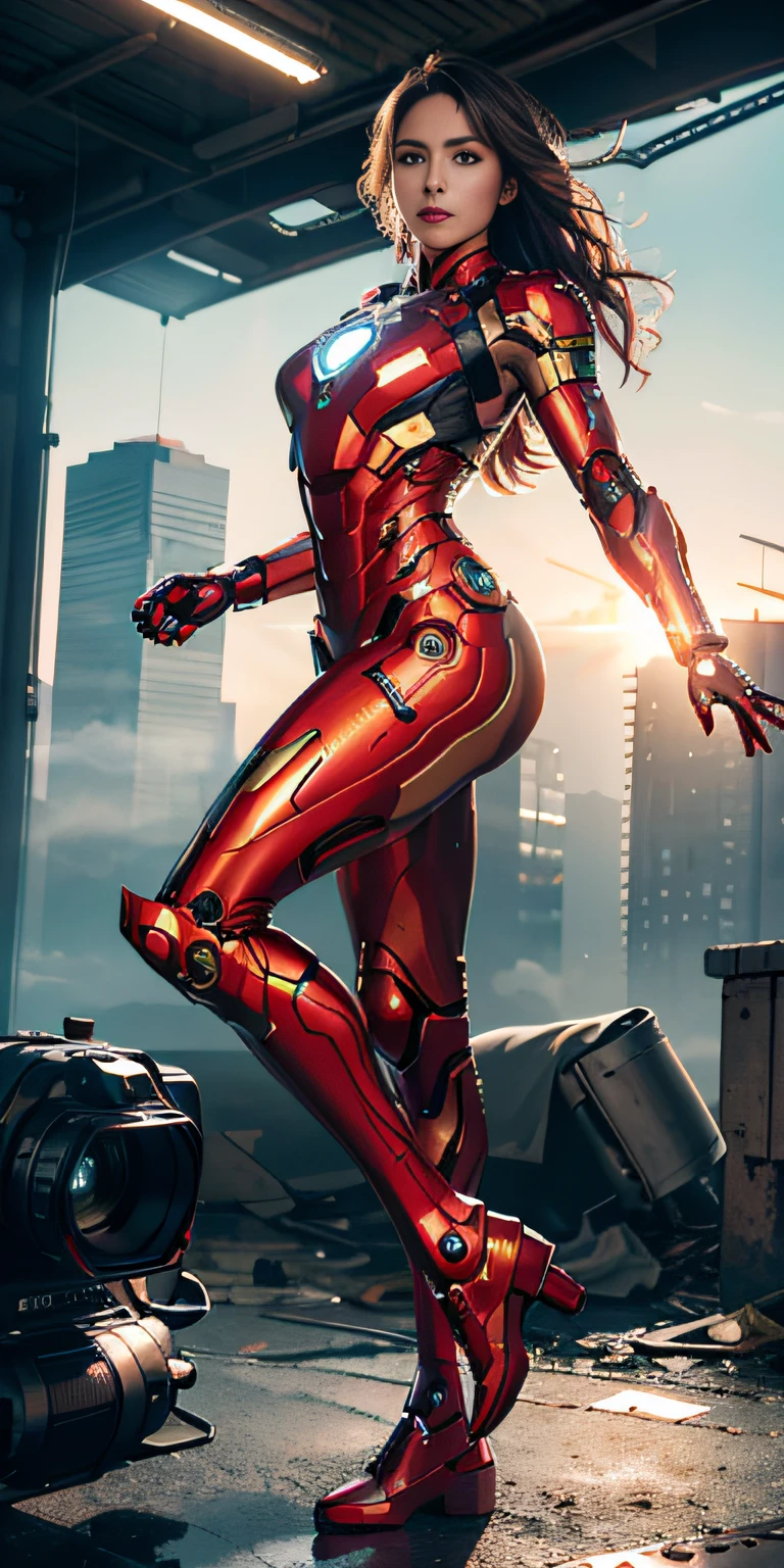 RAW, Masterpiece, Ultra Fine Photo,, Best Quality, Ultra High Resolution, Photorealistic, Sunlight, Full Body Portrait, Stunningly Beautiful,, Dynamic Poses, Delicate Face, Vibrant Eyes, (Side View) , she is wearing a futuristic Iron Man mech, red and gold color scheme, highly detailed abandoned warehouse background, detailed face, detailed and complex busy background, messy, gorgeous, milky white, high detailed skin, realistic skin details, visible pores , sharp focus, volumetric fog, 8k uhd, dslr camera, high quality, film grain, fair skin, photorealism, lomography, sprawling metropolis in futuristic dystopia, view from below, translucent