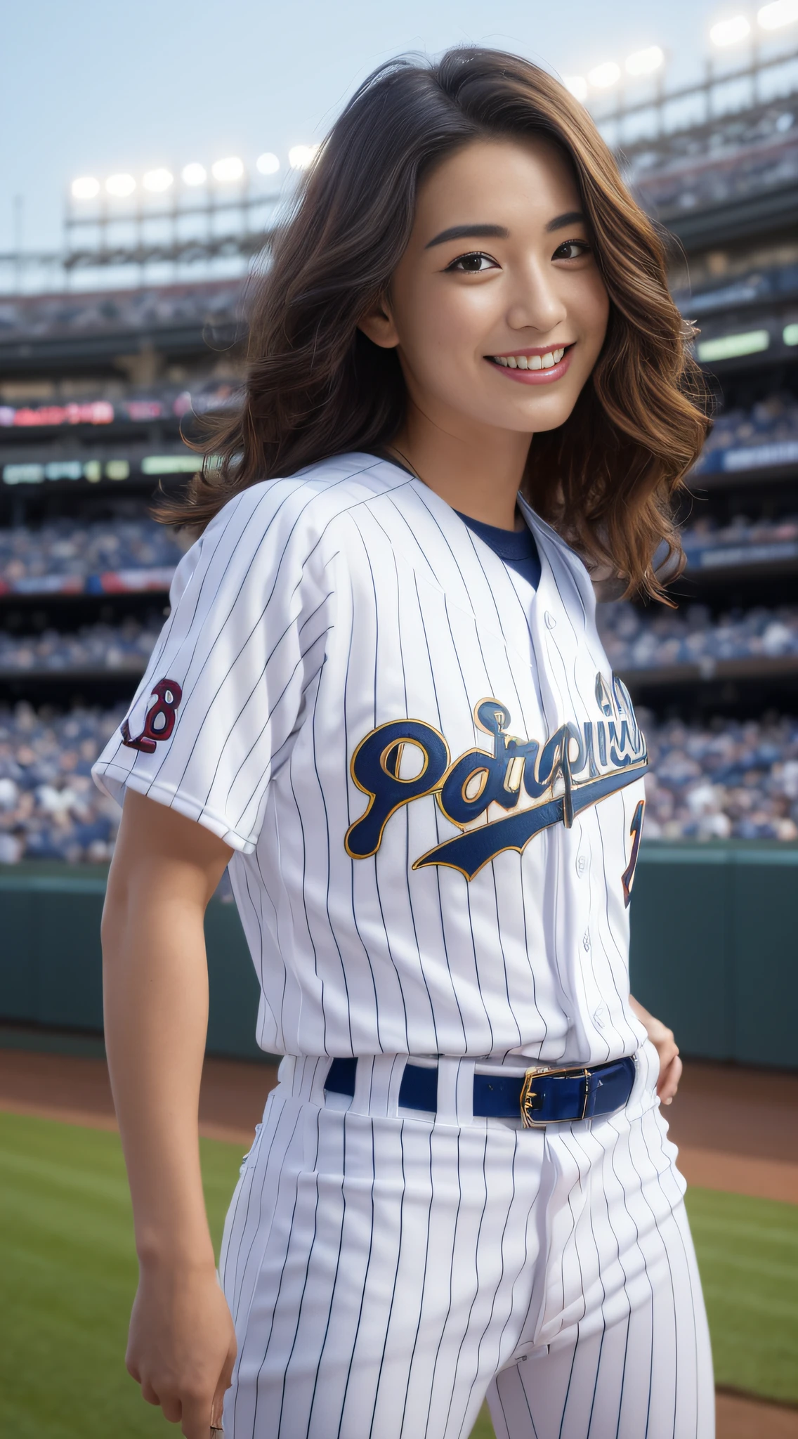 ((top-quality、8K、​masterpiece:1.3))、sharp:1.2、Perfect Body Beauty:1.4、Slim abs:1.2、Big、((Baseball Uniforms:1.3))、(Baseball Stadium:1.2)、Beautiful face、Wavy Hair、Highly detailed facial and skin texture、A detailed eye、二重まぶた、Aspect of looking at the camera、A smile