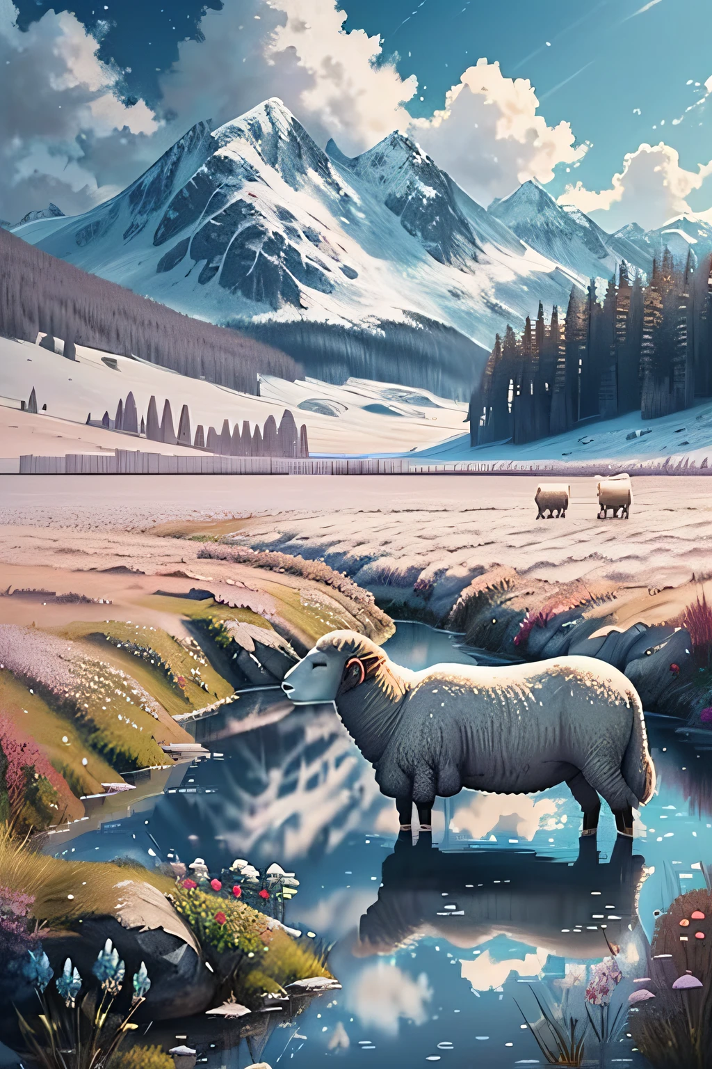 Summer, meadows, few small flowers, clear lakes, sheep, heaven, large clouds, blue sky, hot weather, HD detail, wet watermark, hyper-detail, cinematic, surrealism, soft light, deep field focus bokeh, distant view is snowy mountains, ray tracing, and surrealism. --v6