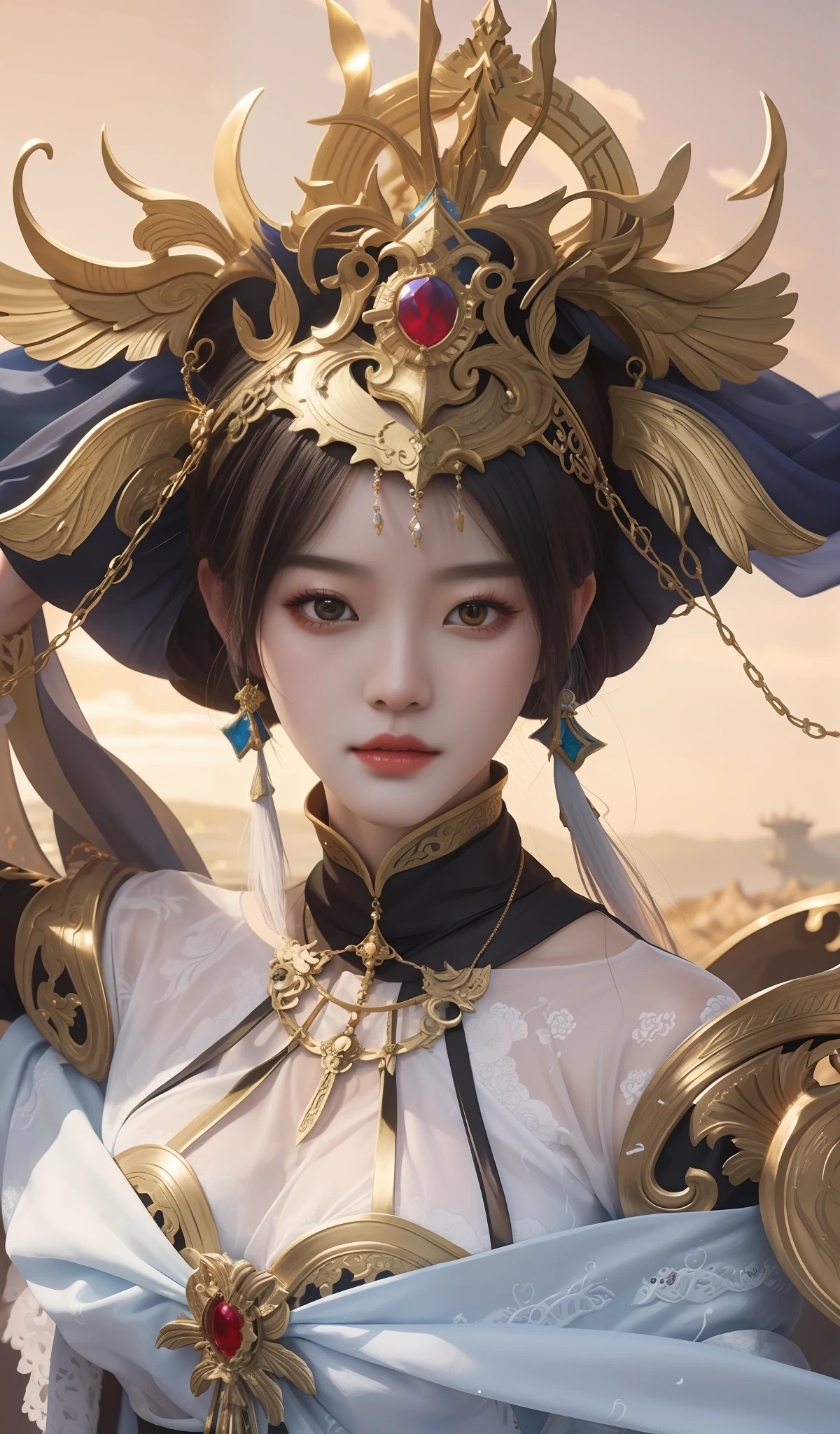 a close up of a woman in a costume with a sword, a beautiful fantasy empress, Inspired by Lan Ying, inspired by Park Hua, by Yang J, Beautiful character painting, inspired by Wu Bin, ((a beautiful fantasy empress)), trending on cgstation, Ruan Jia and Artgerm, queen of the sea mu yanling, Chinese fantasy