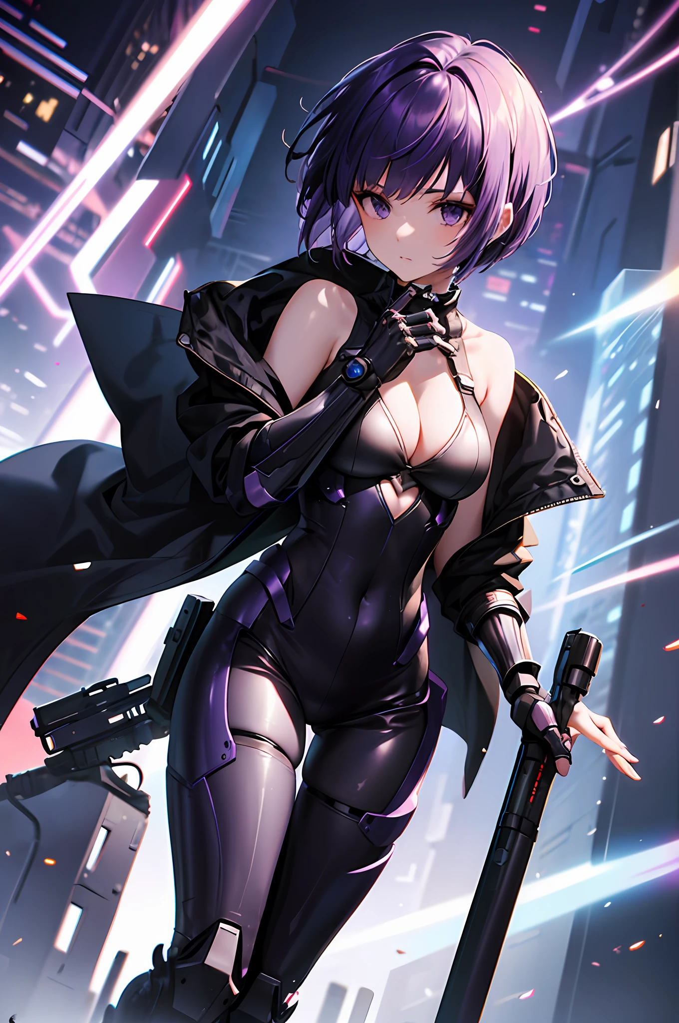 Top quality, masterpiece, ultra-detailed, accurate depiction, highly detailed 8k wallpaper, beautiful mechanical girl, solo, (pixie cut hair:1.3), (purple hair, short shaved sides, very short back, very short side, under cut, side cut:1.3), BREAK, (sleeveless exoskeleton suit), (mechanical legs), (perfect 5fingers, 4fingers and 1thumb), (Jacket), half undress, BREAK, (dynamic angle), (flat_chest, cleavage, wide hips), Cyberpunk City,