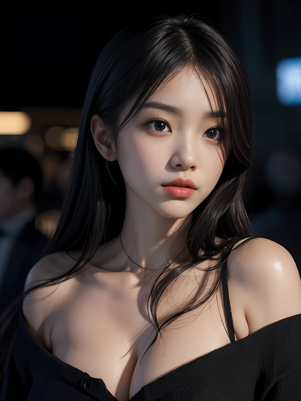 best qualtiy,tmasterpiece,超高分辨率,(真实感:1.4),RAW photogr,1girll,cropped shoulders,in the darkness nigth,deep shading,low tune,cold light,long whitr hair,Cold,Bust,huge tit