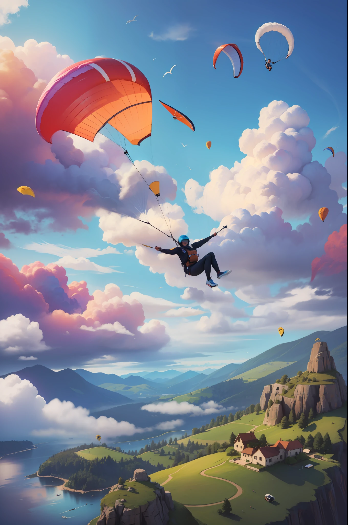 Paragliding scenery、3D、Fun women and cool summer clothes、Helmet and Wear、Fashionable athletic shoes、Stylish trouser jersey、Beautiful aerial view、hight resolution、Vivid colors、blue open sky、naturey、landscape shot、Superb view、Momentary beauty、Dynamic、liberta、Feeling of free flight