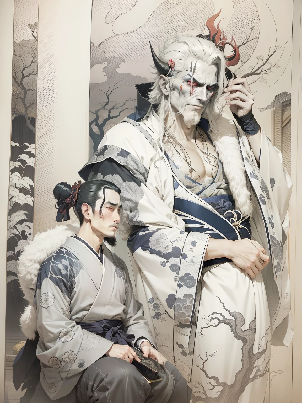 beautiful man, Scary demon beside a man,beautiful Clothes、fulcolor,Japan ukiyo-e color,Kawase Hasui、Yoshitoshi Tsukioka