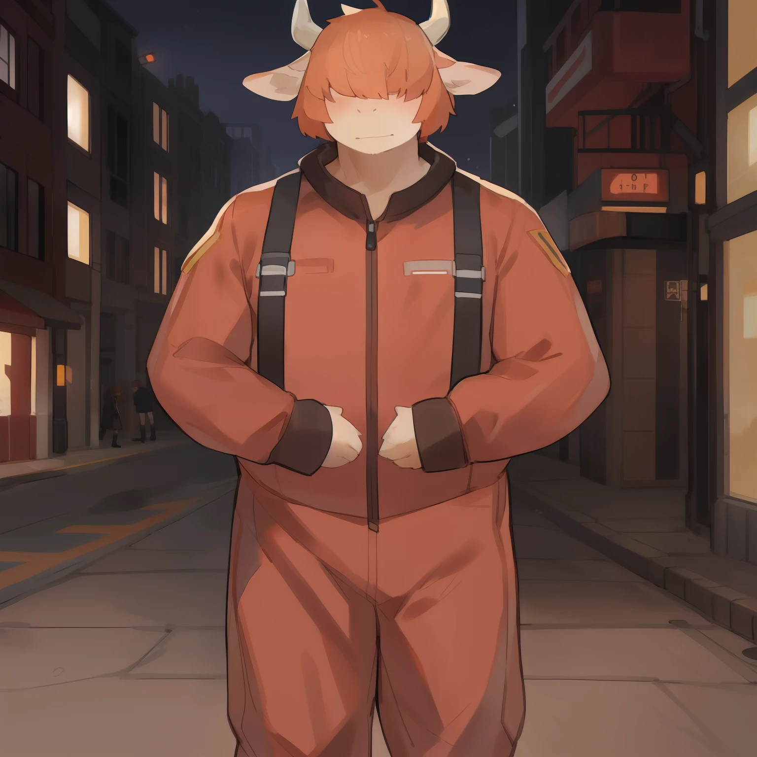 Solo, male, standing, slightly chubby, highland cow, hair covering eyes, orange hair, tan fur, tan body, ((by bebebebebe)), street, muscular, short hair, bangs, swept bangs, fringe, red military spacesuit