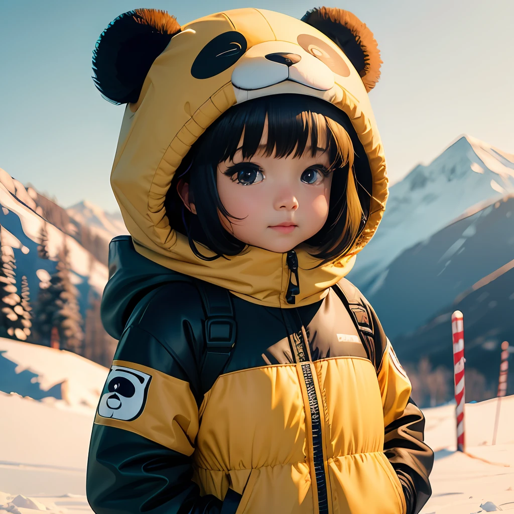 4K HD quality,Ridily scene details,A cute chubby girl,Double bun and bangs,largeeyes,Wearing a panda hood,Very happy,skiing,