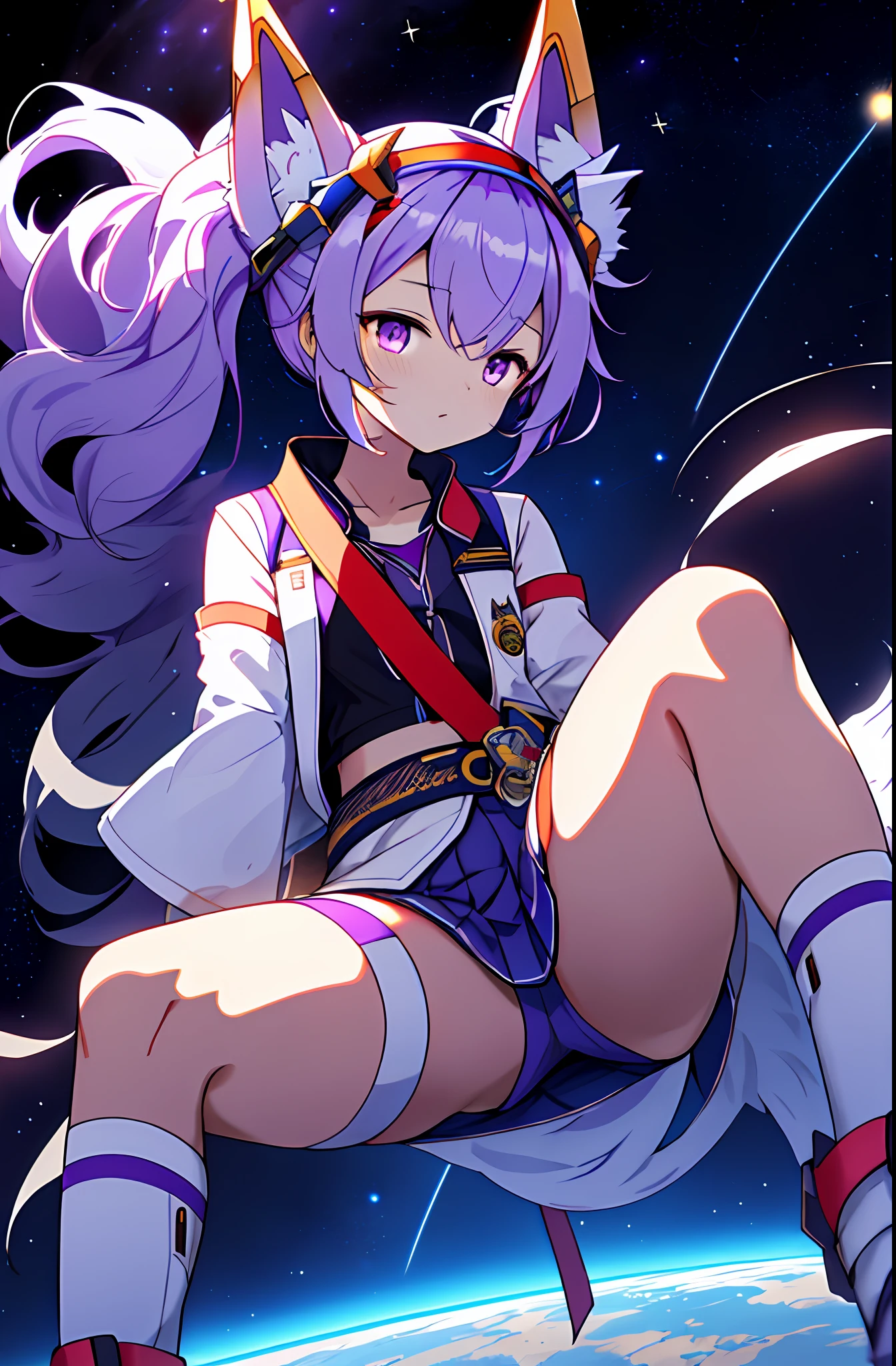 Draw a tsundere purple wolf girl，Spread your legs，Not worn underneath，You can see her，Sit on a research platform floating in the middle of the asteroid belt。She holds the scepter，Crown on head，Wearing a purple miniskirt，Wolf ears on the head，There is a wolf's tail on the butt，Surrounded by several asteroids that emit fiery rings。Dramatic illuminations from distant stars and planets illuminate the scene，A deep shadow was cast。She looks confident and determined，Gaze at the vast and mysterious universe with wonder and respect