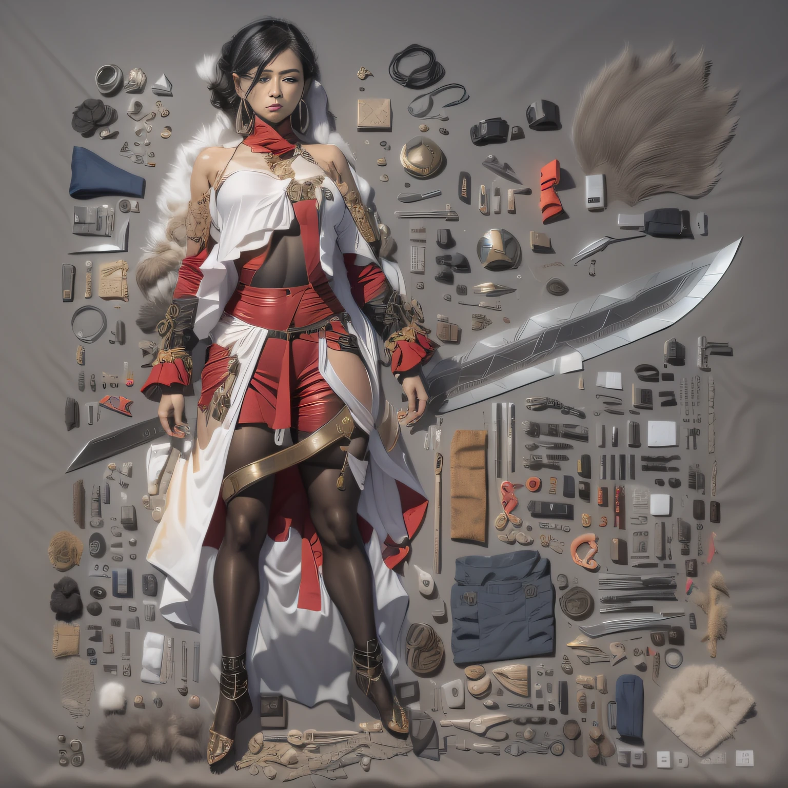 3 d model,Caramel macchiato, arma, The sword, halter, holdingweapon, 32K, Linen cloak, Top quality, Masterpiece:Faust,,1 child, long whitr hair, clouds, On your stomach, (tmasterpiece,k hd,hyper HD,16k),clutching a sword, buliding, Reflectors, bloods, Eastern Asia, Weapon focus, Skysky, brunette color hair, knifes, trouser, firey, banya, The clothes ar, bandagens, sword sheath, Masks, 独奏,