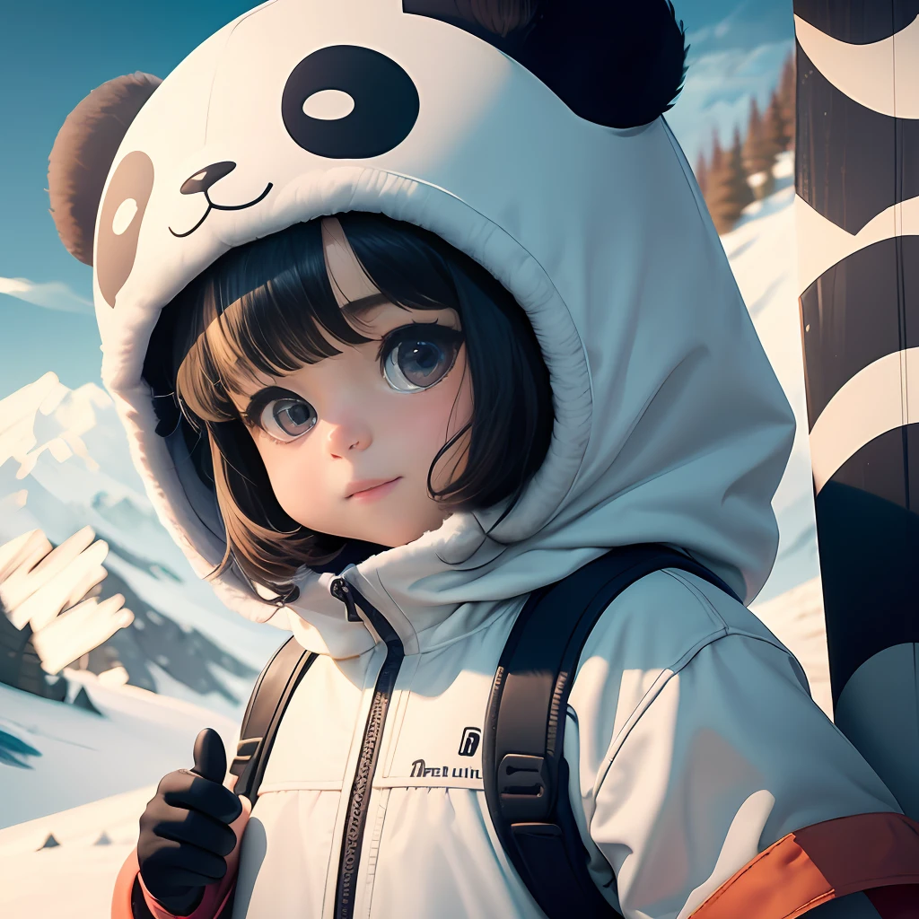 4K HD quality,Ridily scene details,A cute chubby girl,Double bun and bangs,largeeyes,Wearing a panda hood,Very happy,skiing,