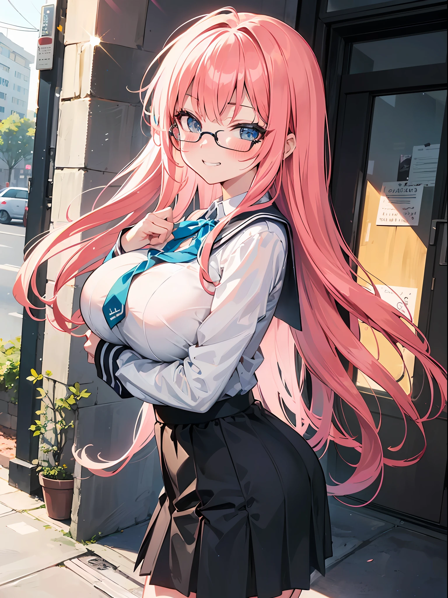 ((masterpiece)), ((Best Quality)), (Ultra-detailed), ((kawaii)), (Cute), (lovely), ((Sexy)), (Ero), ((Extremely detailed)), 4K, (8K), Best Quality, (Beautiful), Illustration, Anime style, Painting, Dynamic Angle, upper body, (Posing models for erotic book), (from wildcard:1.4), heavy outline, clear outlines, Gradation, (full body focus), city, girl,1girl, Solo, school uniform, Beautiful random colored eyes, ((Beautiful eyes)), Slightly wheat-colored skin, random hair style, Buttocks, (large breast), dark rimmed glasses, (smirk:1.2), grin, (blush:1.5), sparkling effect, Lens Flare, shiny-glistening, gleaming