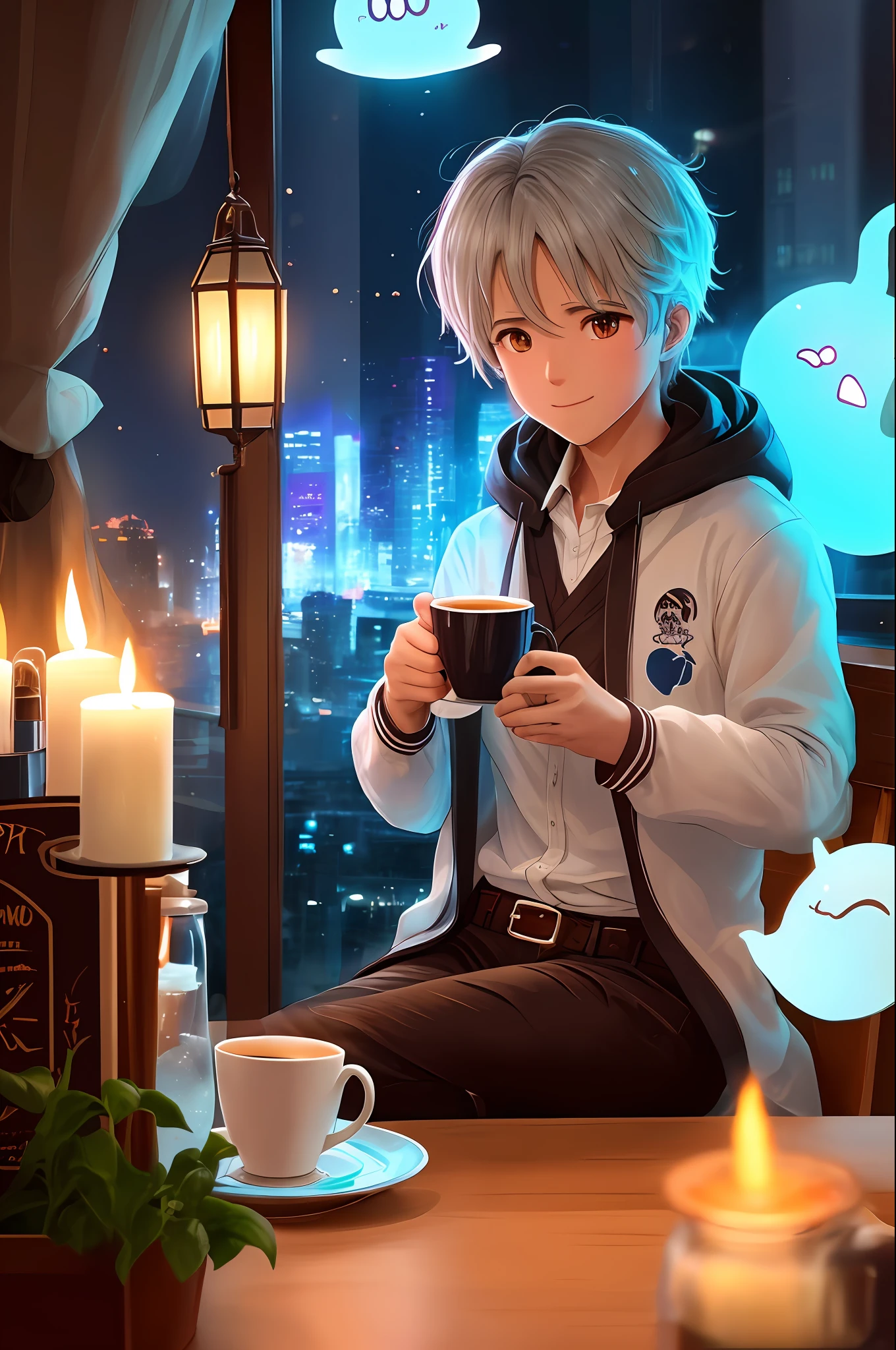 A translucent ghost is sitting at a table in a cyberpunk café. Coffee is a dark and gloomy place, with flashing neon lights and loud electronic music. The ghost is dressed in white clothes, and his face is hidden by a hood. He's holding a cup of tea, And he's looking out the window, perdidamente.
The café is crowded with people, But no one seems to notice the ghost. People are too busy talking, bebendo e comendo para notar o fantasma sentado na mesa. The ghost is perfectly content with this. Ele gosta de estar sozinho, e ele gosta de observar as pessoas.
The ghost is thinking about his life. Ele pensa sobre todas as coisas que ele fez quando estava vivo, e ele pensa sobre todas as coisas que ele perdeu. Ele pensa sobre seus entes queridos, And he thinks about the things he'll never get the chance to do.
The ghost is sad, But he's also at peace. He knows he's not alone, e ele sabe que ele vai encontrar seus entes queridos novamente um dia. He takes a sip of tea and looks out the window. Ele sorri. He's happy to be alive, mesmo que seja apenas como um fantasma.