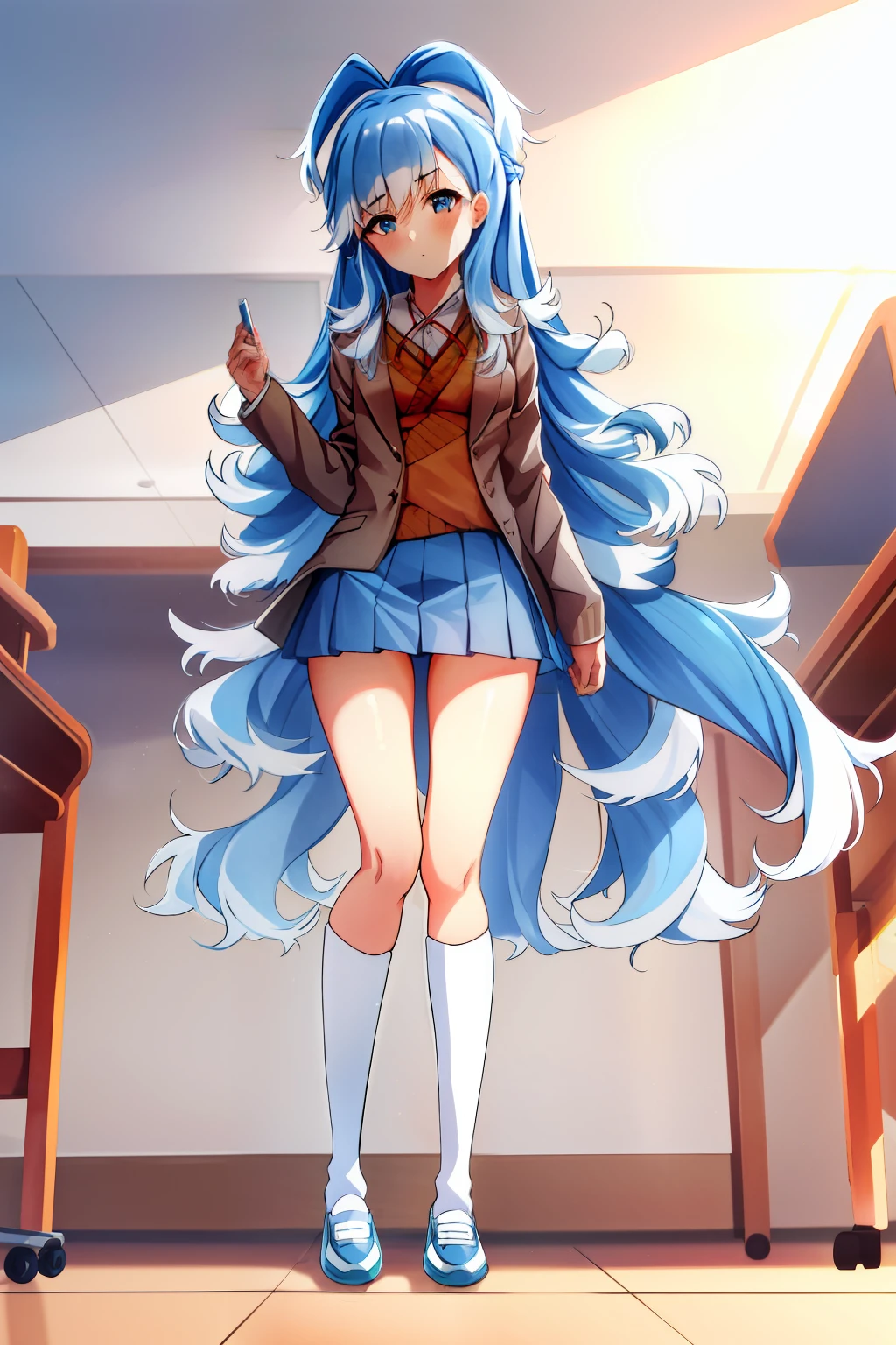 1girl, flat chest, blue hair, long hair, blue eyes, kobo, kanaeru, classroom background, indoors, ahoge, white hair tips, full body at full size, school uniform, blazer, brown sweater, collared shirt,red neck ribbon, blue skirt