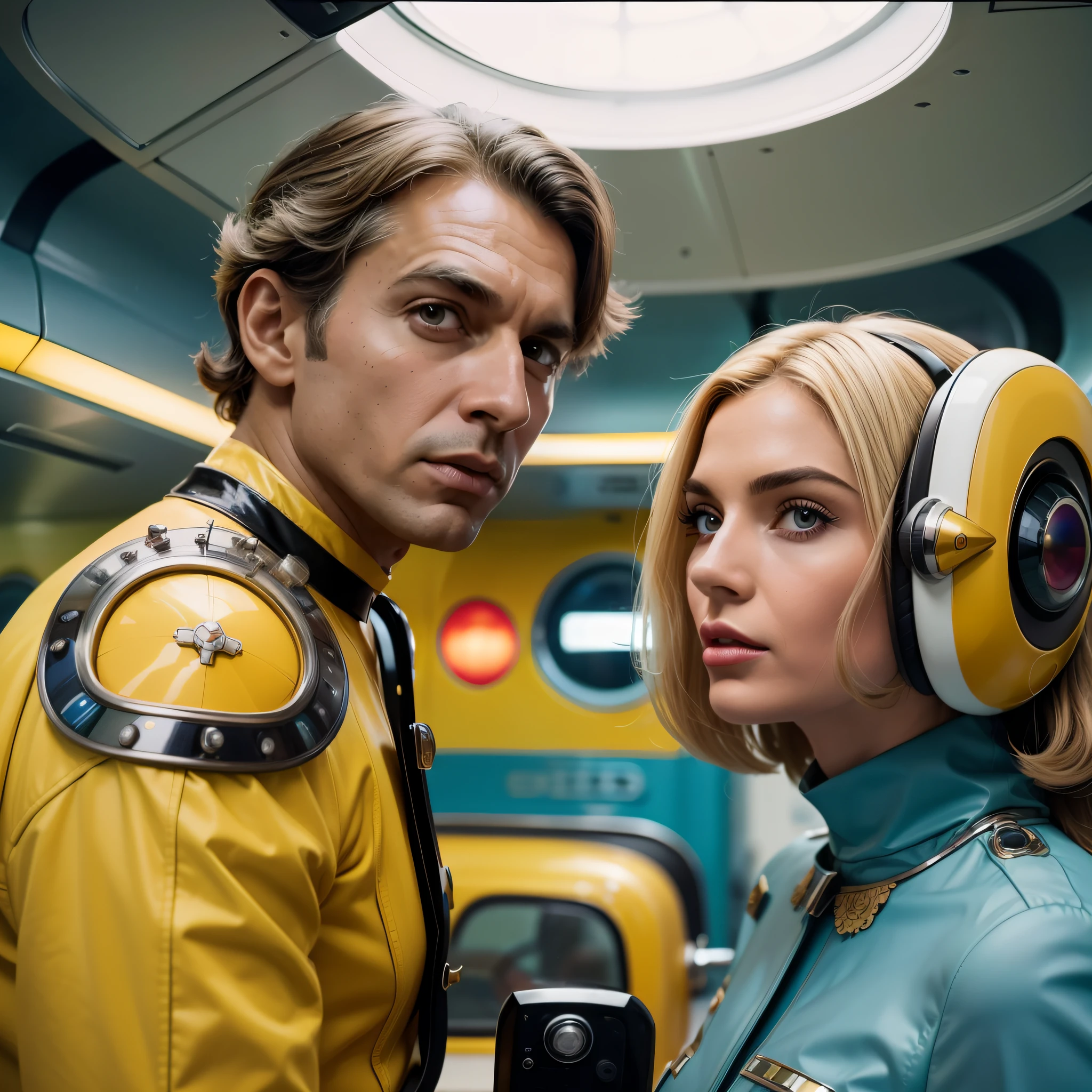 4k image from a 1960s science fiction film by Wes Anderson, Filme O Grande Hotel Budapeste, pastels colors, A man and a woman wearing retrofuturistic alien masks and holding colorful suitcases and chests on the bus, Retro-futuristic fashion clothes from the 60s with old robots, Luz Natural, Psicodelia, futurista estranho, retro-futurista, photo-realistic, Sharp background details.