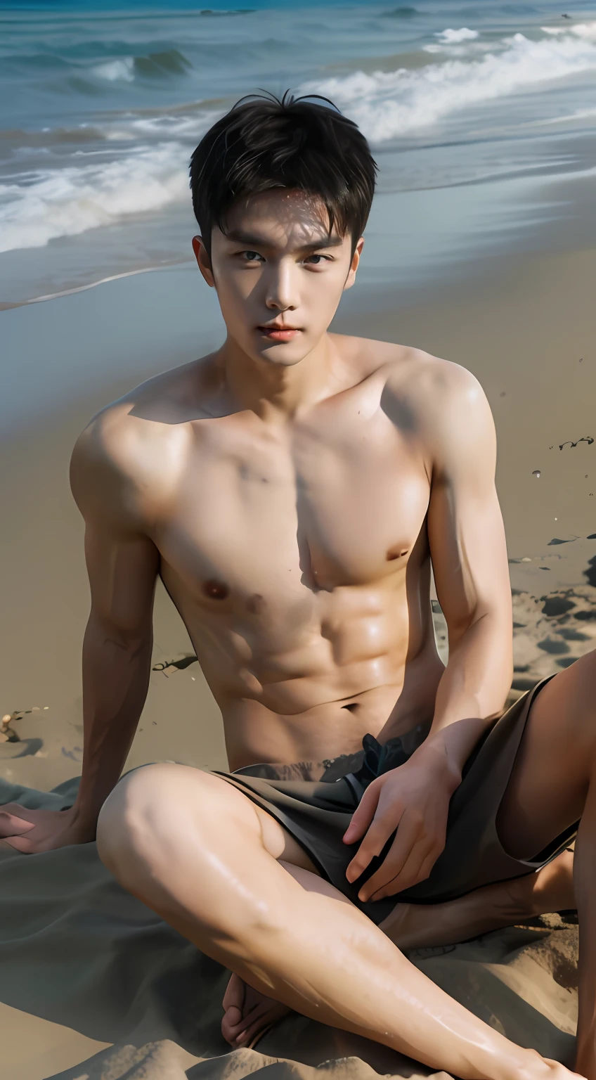 (handsome chinese man: 1.5), 18 years old, abs, on tbeach sitting on the sand, model, very handsome, douyin, long legs, perfect anatomy, realistic, detailed, best quality, 8k