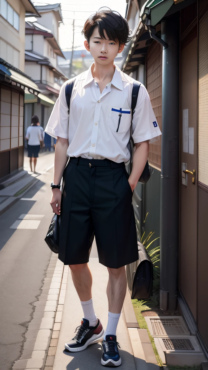 hephaestus (Japan schoolboy)、student clothes,undercut、Spectator、Wearing a shirt ,Full body,photographrealistic