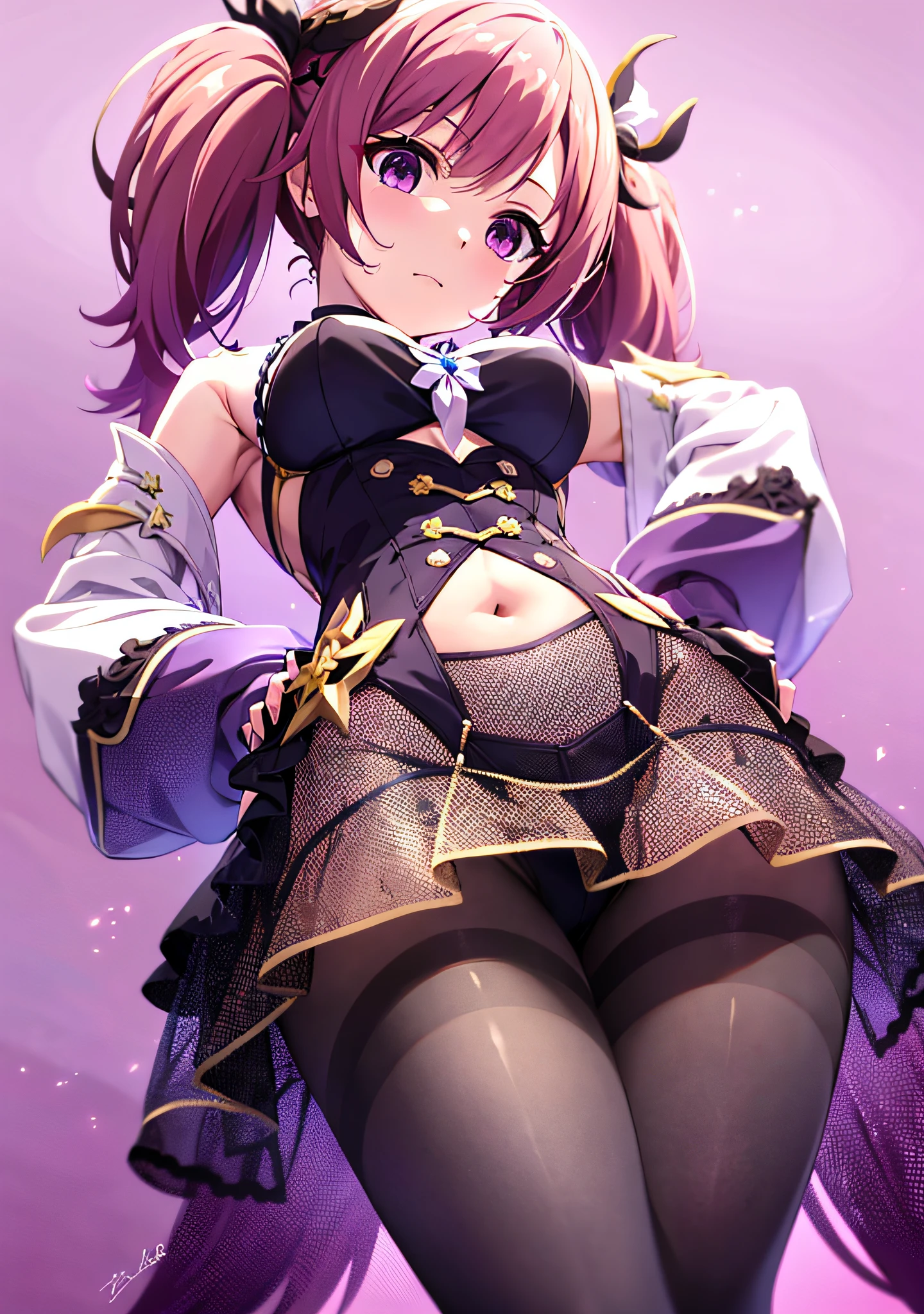 lin jingling, honkai: star rail, honkai \(series\), fu xuan \(honkai: star rail\), 1girl, ass visible through thighs, breasts, covered navel, detached sleeves, forehead jewel, from below, hair ornament, hand on own hip, long hair, looking at viewer, low twintails, pantyhose, pink eyes, pink hair, purple background, simple background, small breasts, tassel, thighs, twintails, upskirt, very long hair, white pantyhose