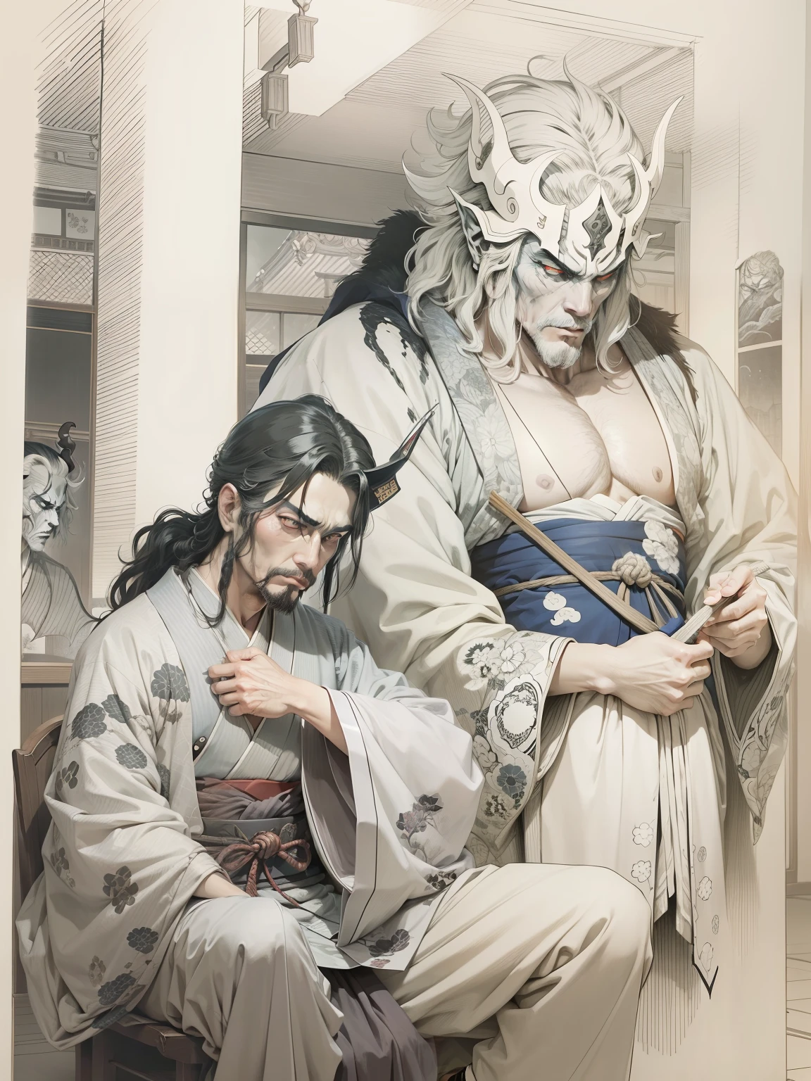beautiful man, Scary demon beside a man,beautiful Clothes、fulcolor,Japan ukiyo-e color,Kawase Hasui、Yoshitoshi Tsukioka