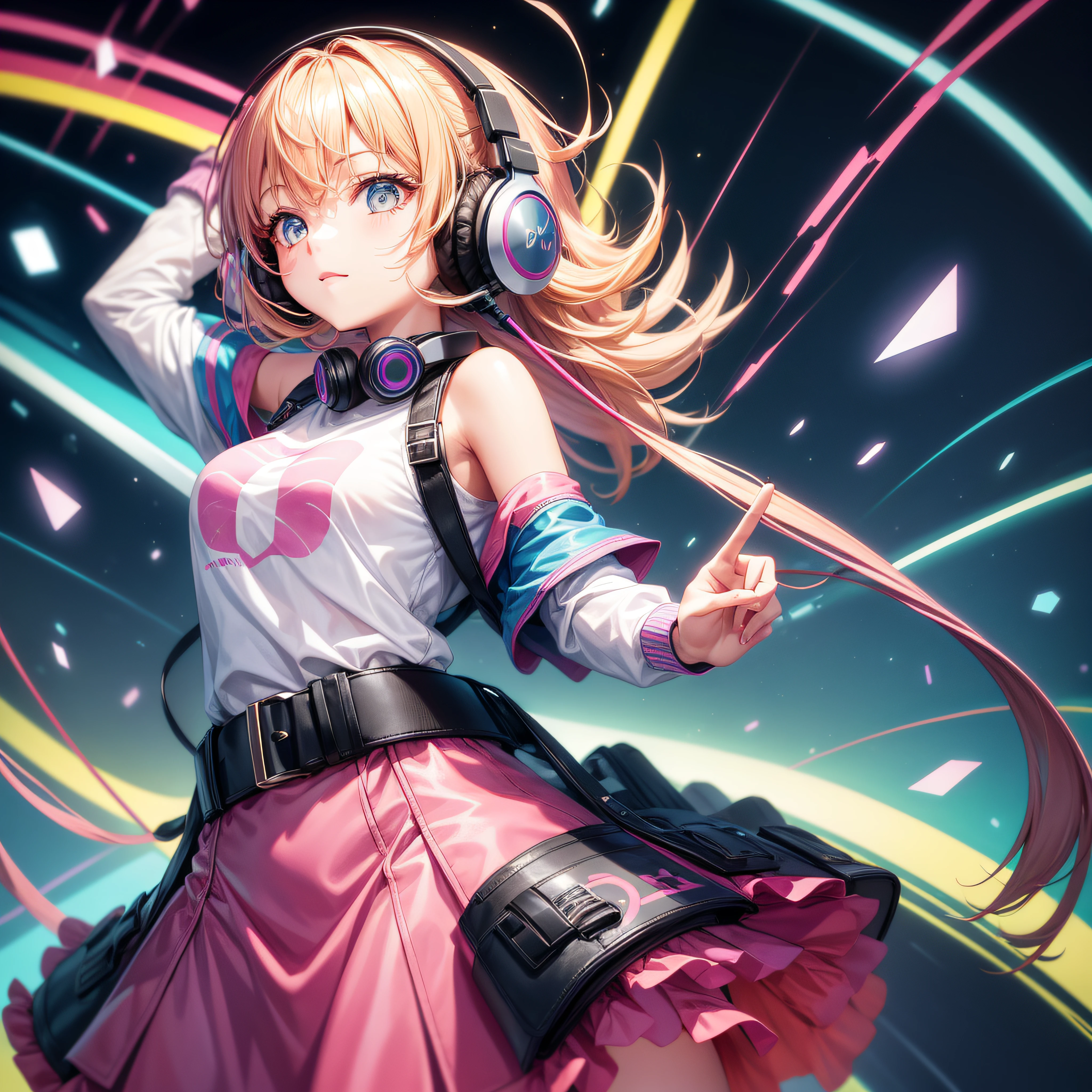 "1 girl with stylish headphones against a vibrant music-themed background"