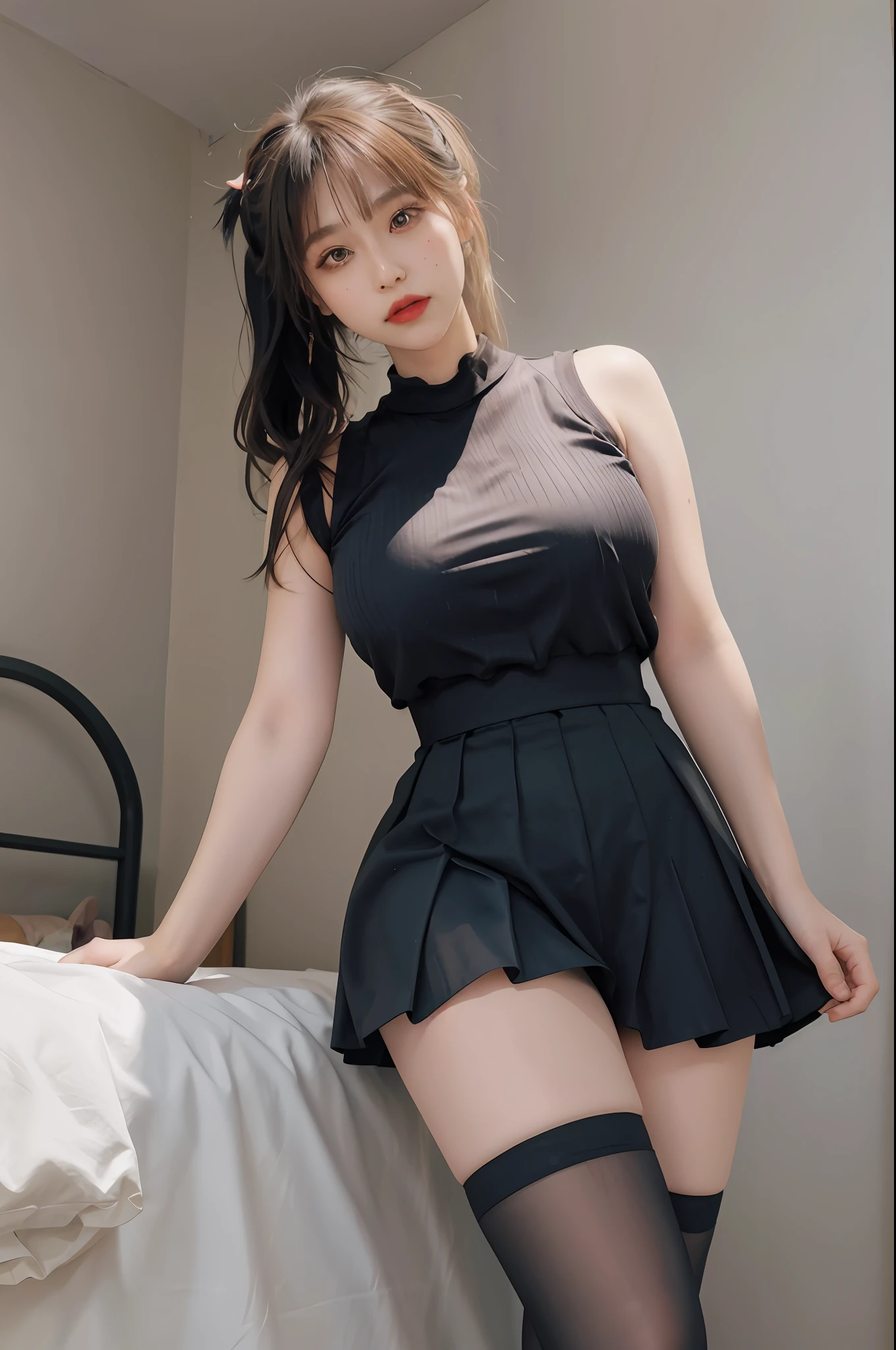 tmasterpiece:1.2,best qualtiy),hentail realism,(Real pictures,rich detail details,depth of fields),(1个Giant Breast Girl,独奏),putting makeup on,high detal,Perfect face shape,(:1.4),(dent in the skin),Thigh thick,Wide hips,Thin waist,highr,coral,Redlip,red eyes,pony tails(Kizi,Shallow tulle,Tulle transparent),(sweat leggs:1.2),(dampness),Raised sexy,Be red in the face,(shyexpression), vests,Harnes,belly-bar,shorter pants,Hosiery,Yoga pants for,Tight skirt,skin-tight short-pants,stocklings,fishnet stockings,pyjamas,pleatedskirt,Skirt,Skirt that wraps hips,There are flowers on the clothes,