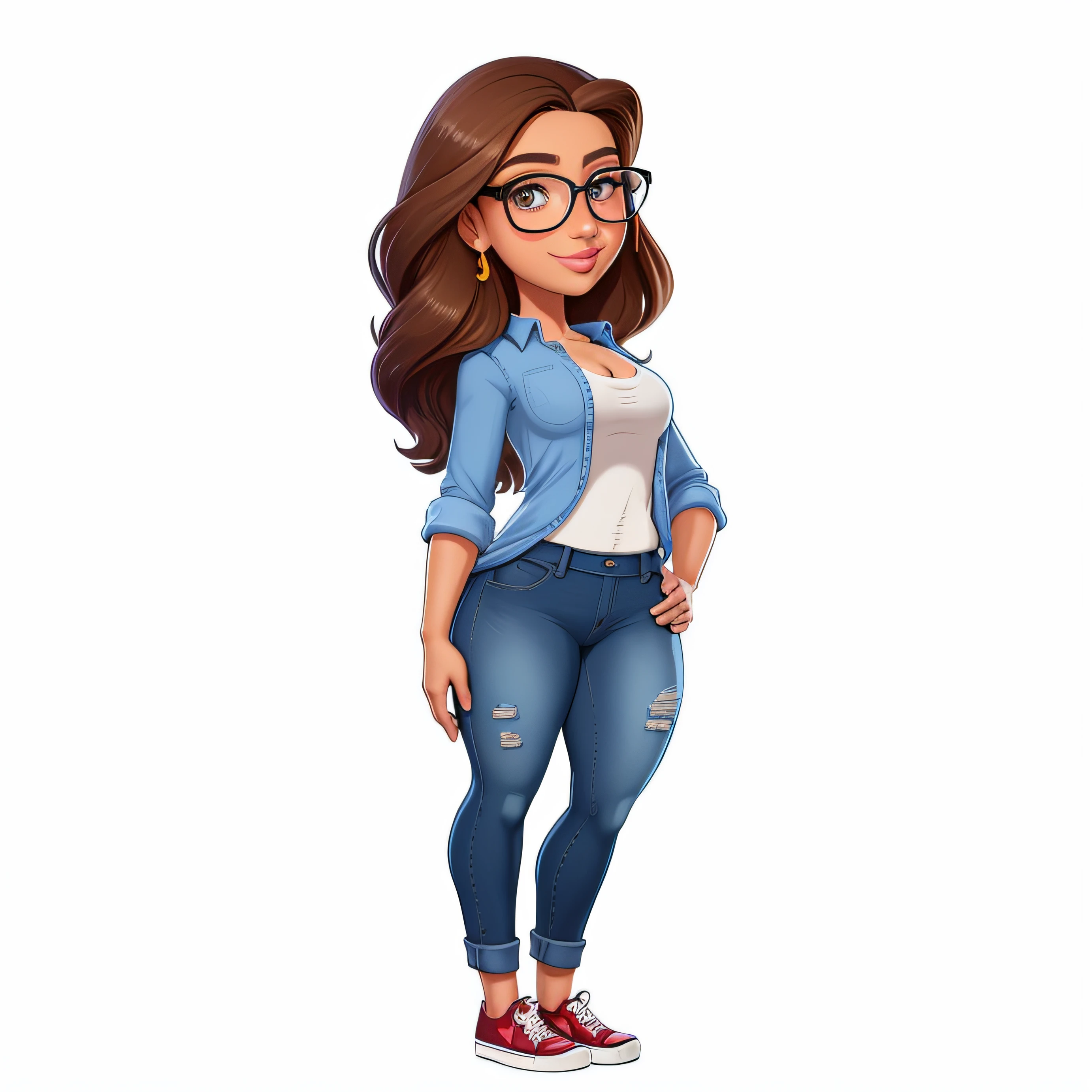 A cartoon girl in jeans and shirt standing with her hands on her hips wearing glasses, olhos castanho, rosto largo, wearing sneakers, Corpo gordinho, plus size, various poses official character art, retrato de personagem de corpo inteiro, Caractere estilizado, single character full body, Retrato de corpo inteiro do personagem, Pose casual, Personagem de corpo inteiro, full body single character, Personagem altamente detalhado, official character illustration, character render, Caractere mesclado, personagem feminina, arte detalhada do personagem, protagonista feminina